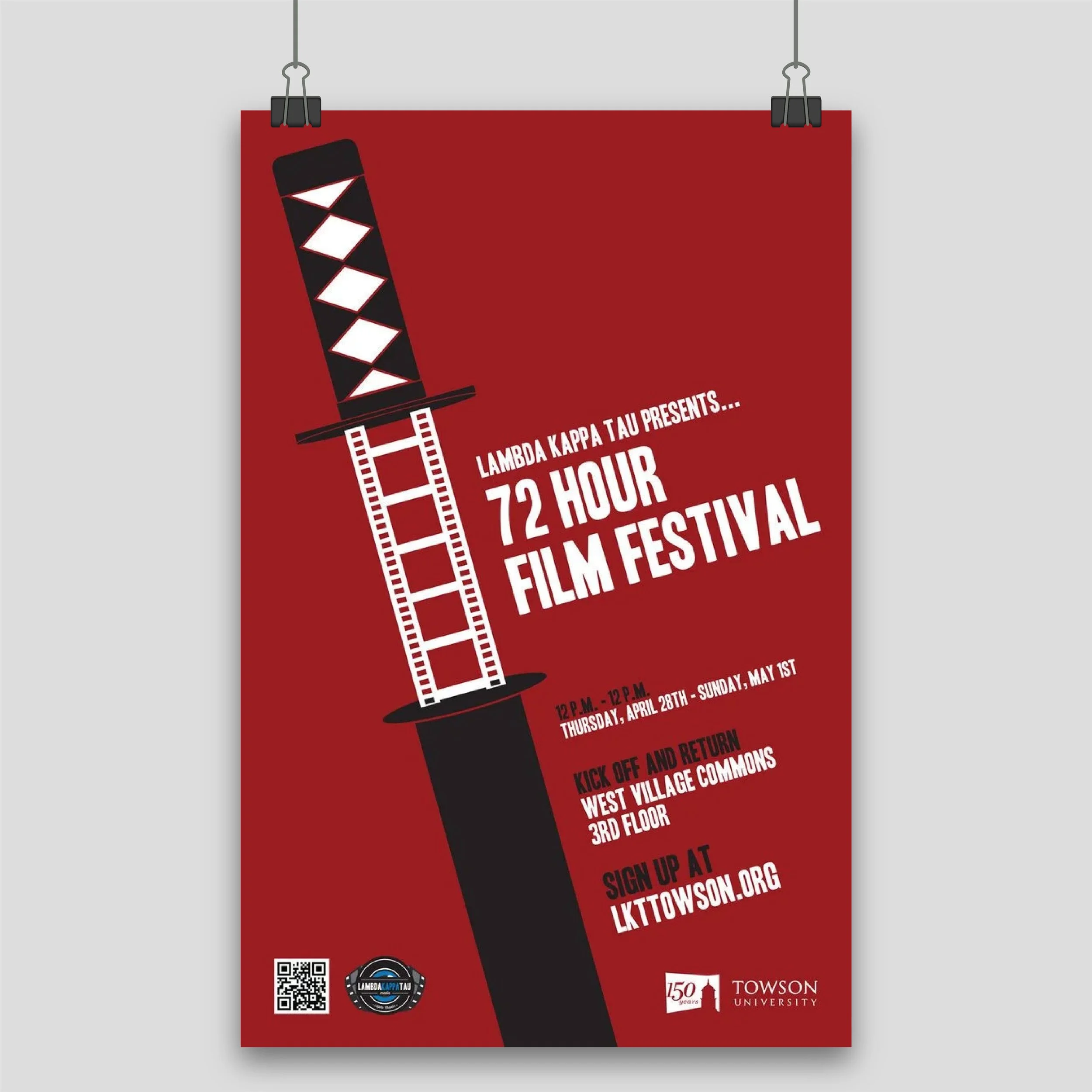 Poster advertising the Lambda Kappa Tau 72 Hour Film Festival, featuring a graphic of a knife with a film reel blade. Event details include date, time, location, and sign-up website.