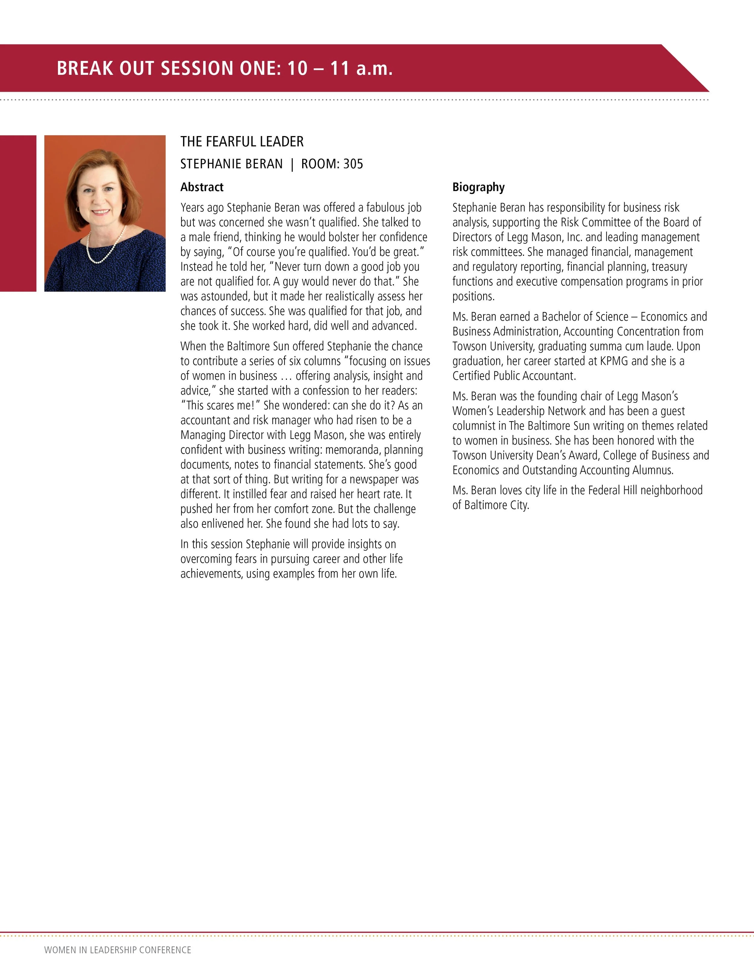 Conference program for Break Out Session One from 10 to 11 a.m., featuring Stephanie Beran speaking about overcoming career fears, with her biography and a photo of her.