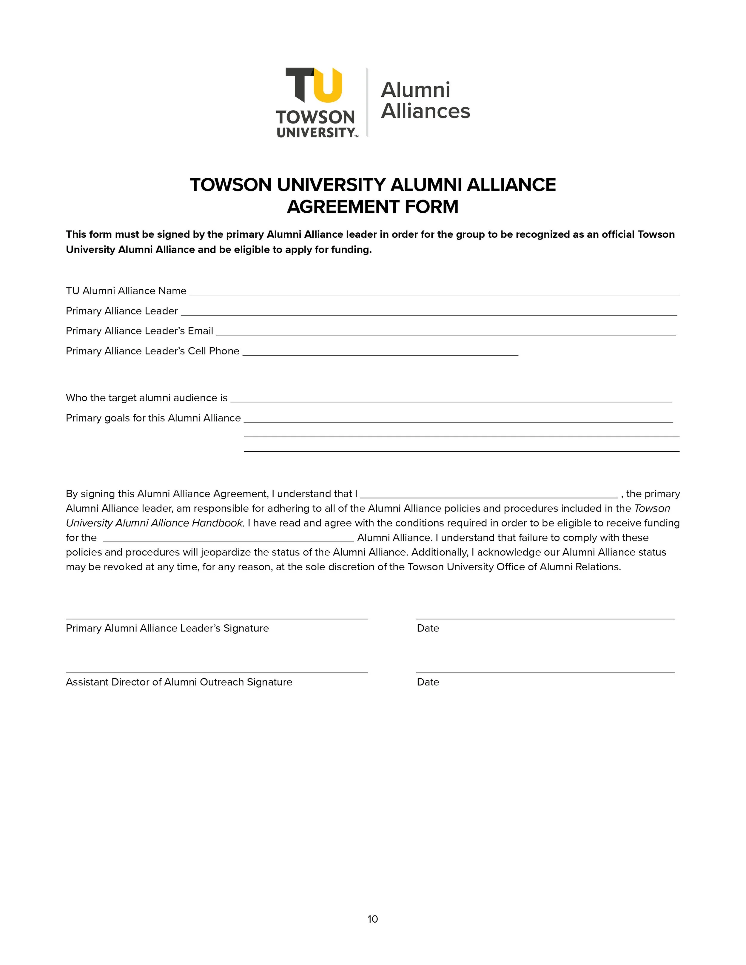 Towson University Alumni Alliance agreement form with Towson University logo and text fields for signatures and dates.