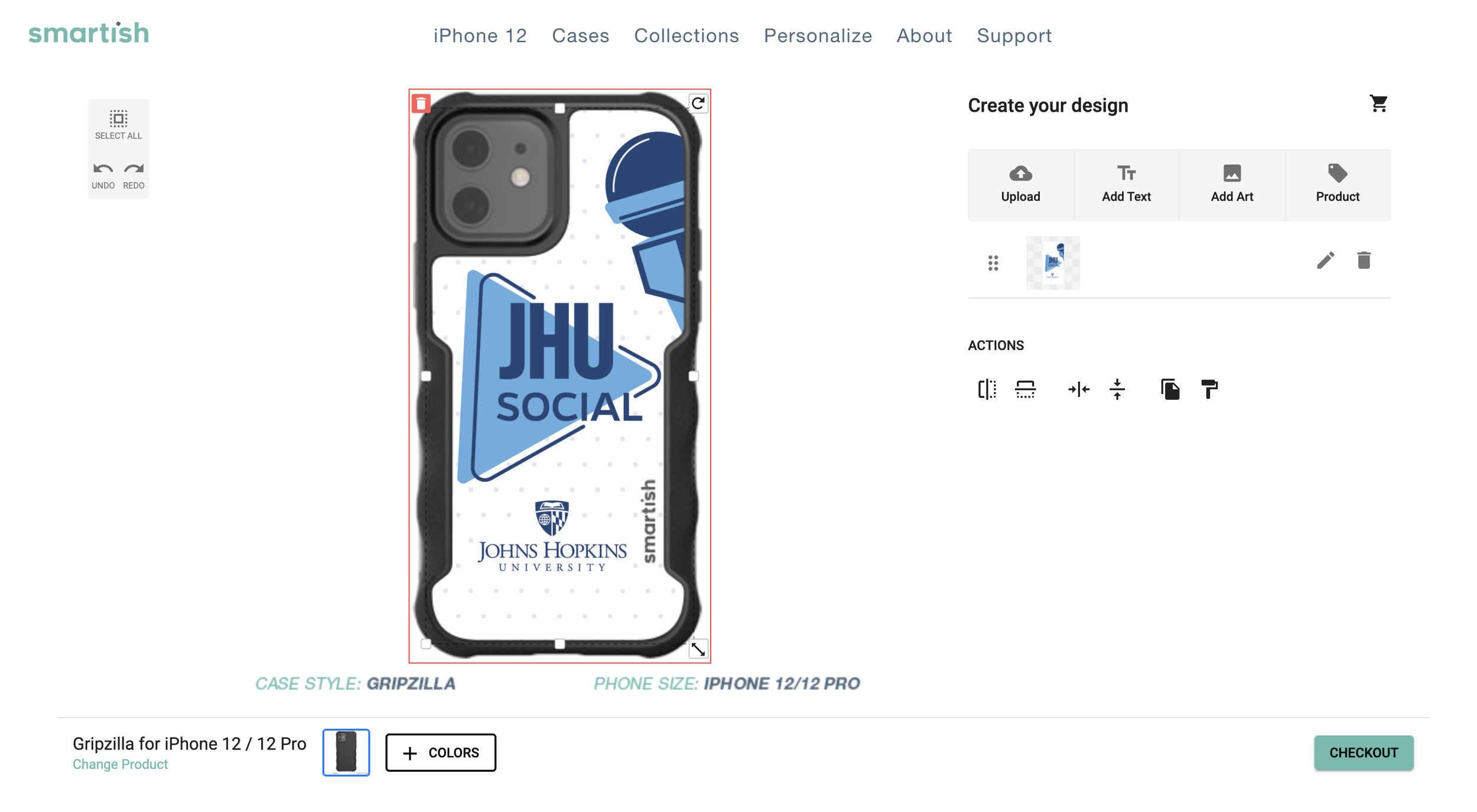 An iPhone 12 Pro with a blue and white social media-themed case design featuring a blue arrow with 'JHU SOCIAL' and the Johns Hopkins University logo. The case is labeled 'Gripzilla' and is for the iPhone 12/12 Pro model.