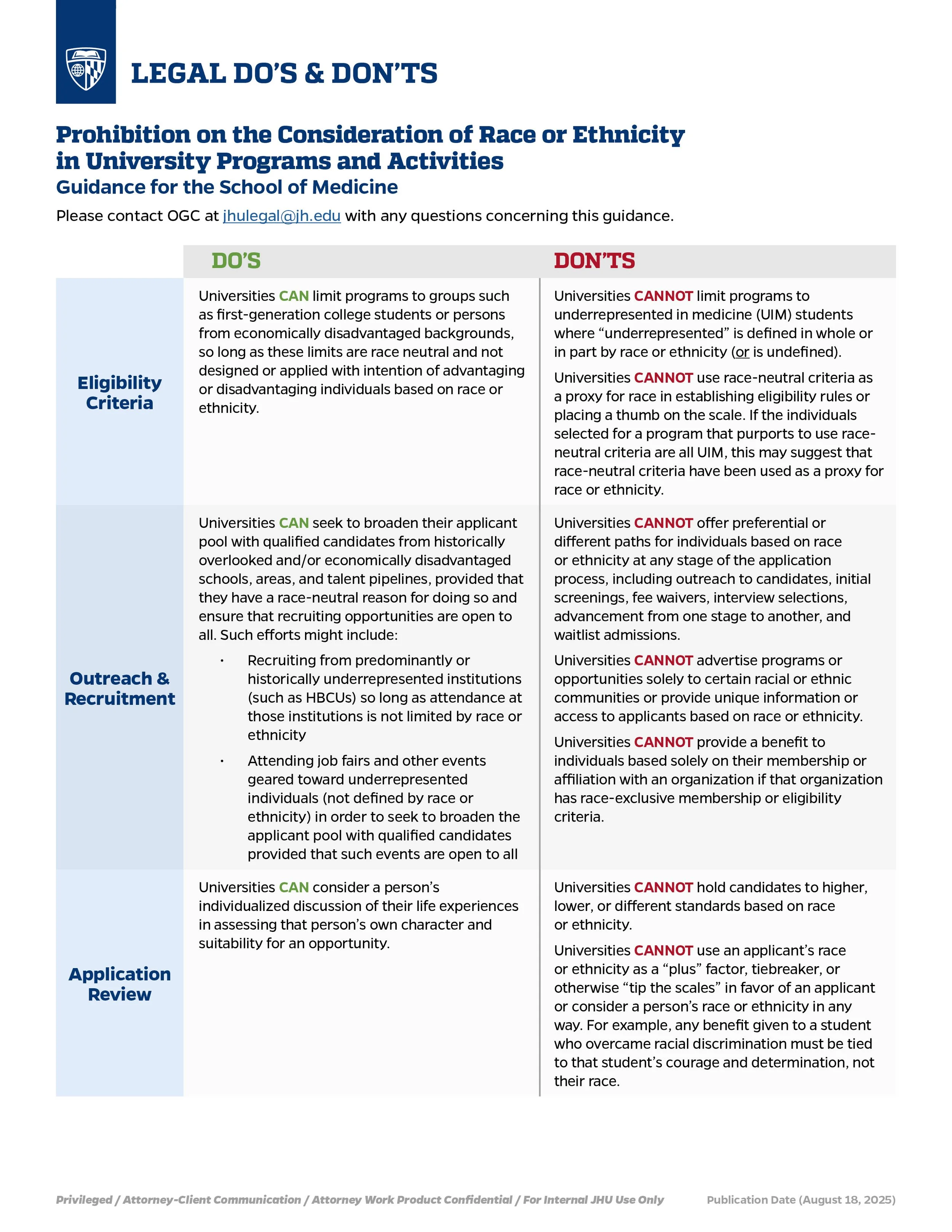 A guidance document titled 'LEGAL DO'S & DON'TS' outlining policies on race and ethnicity consideration in university programs and activities, with sections on eligibility criteria, outreach and recruitment, and application review.