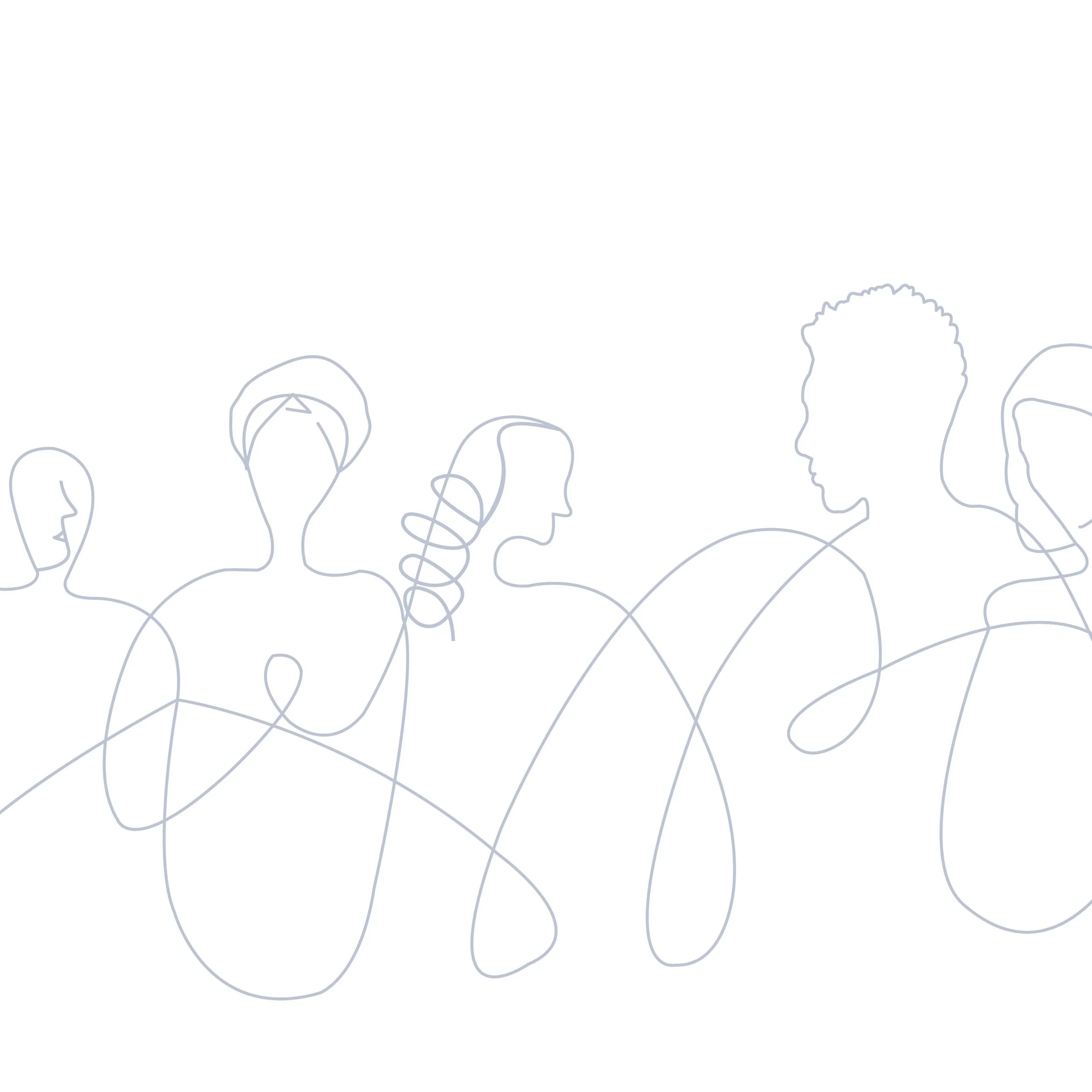 Line drawing of five people facing each other, all depicted with continuous line art style.