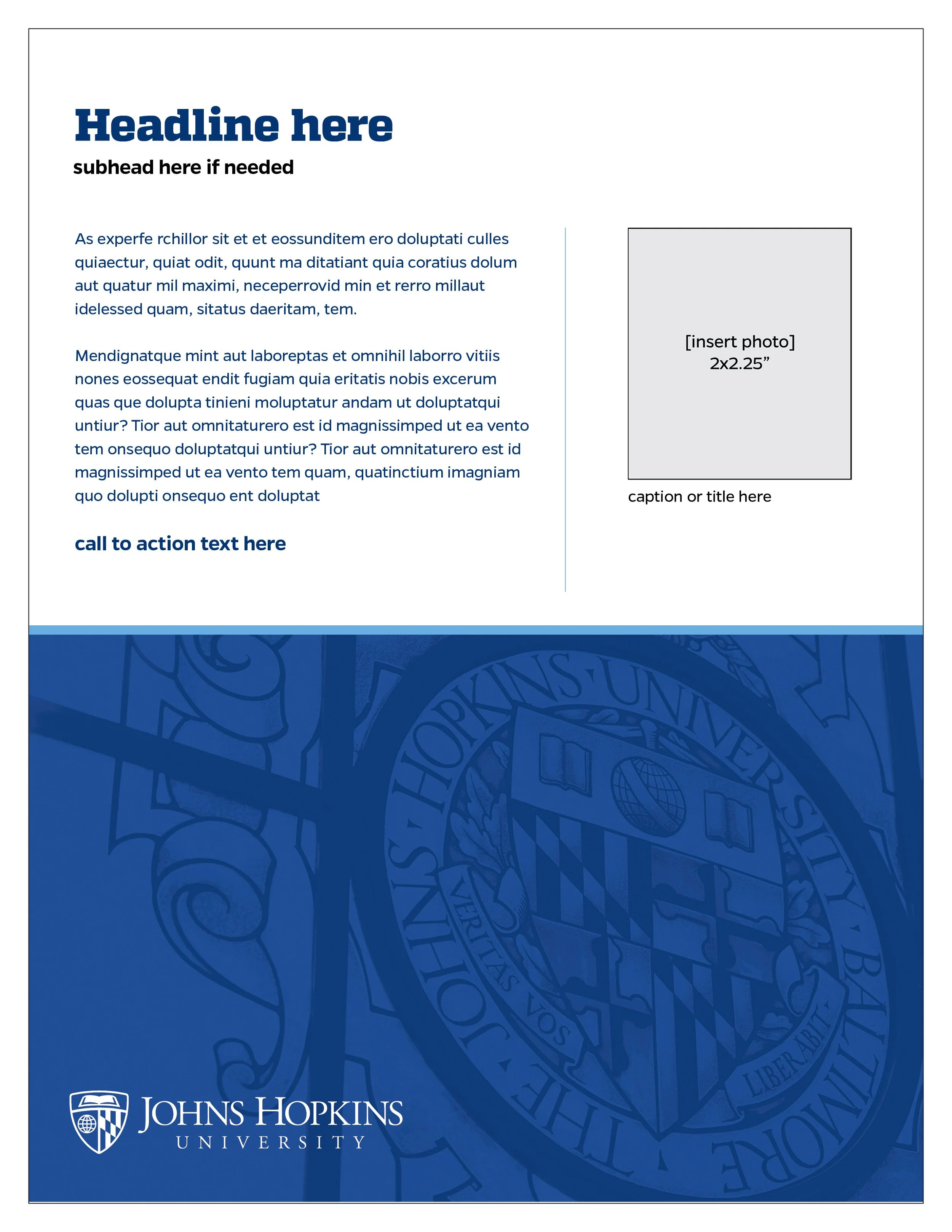 A flyer or brochure template from Johns Hopkins University with a blue and white color scheme, featuring a large seal of Johns Hopkins University in the bottom left corner, a photo placeholder on the right, and space for a headline, subhead, body tex