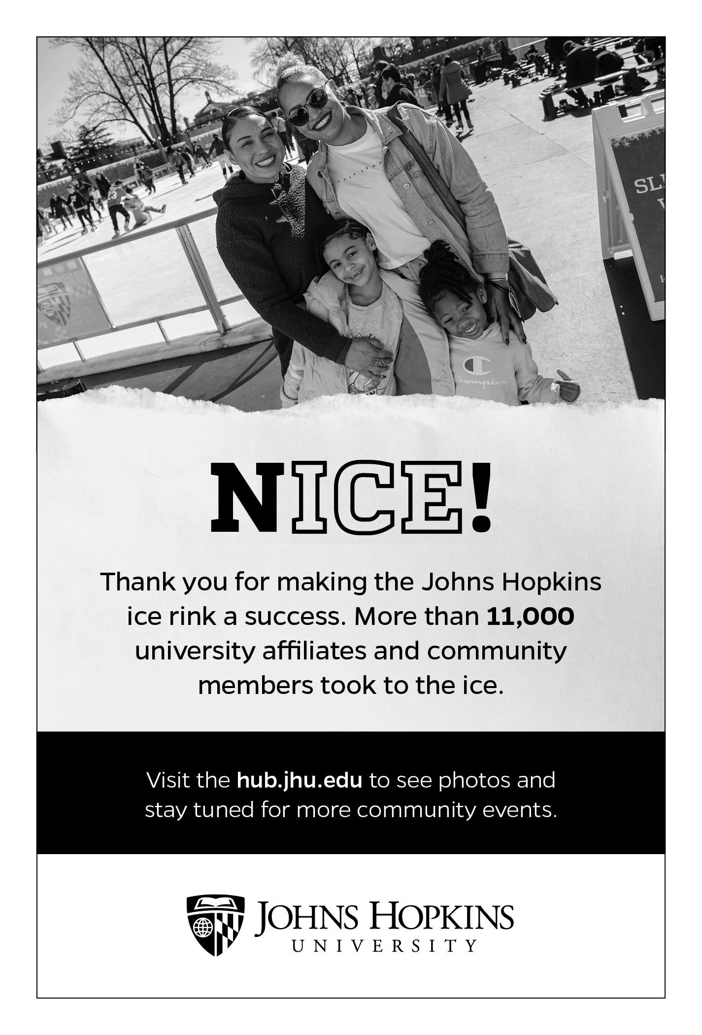 A black and white photo of four smiling people, two women and two children, at an outdoor ice skating rink. In the background, other skaters are visible on the ice and trees can be seen. There are signs and banners around the rink and a promotional o