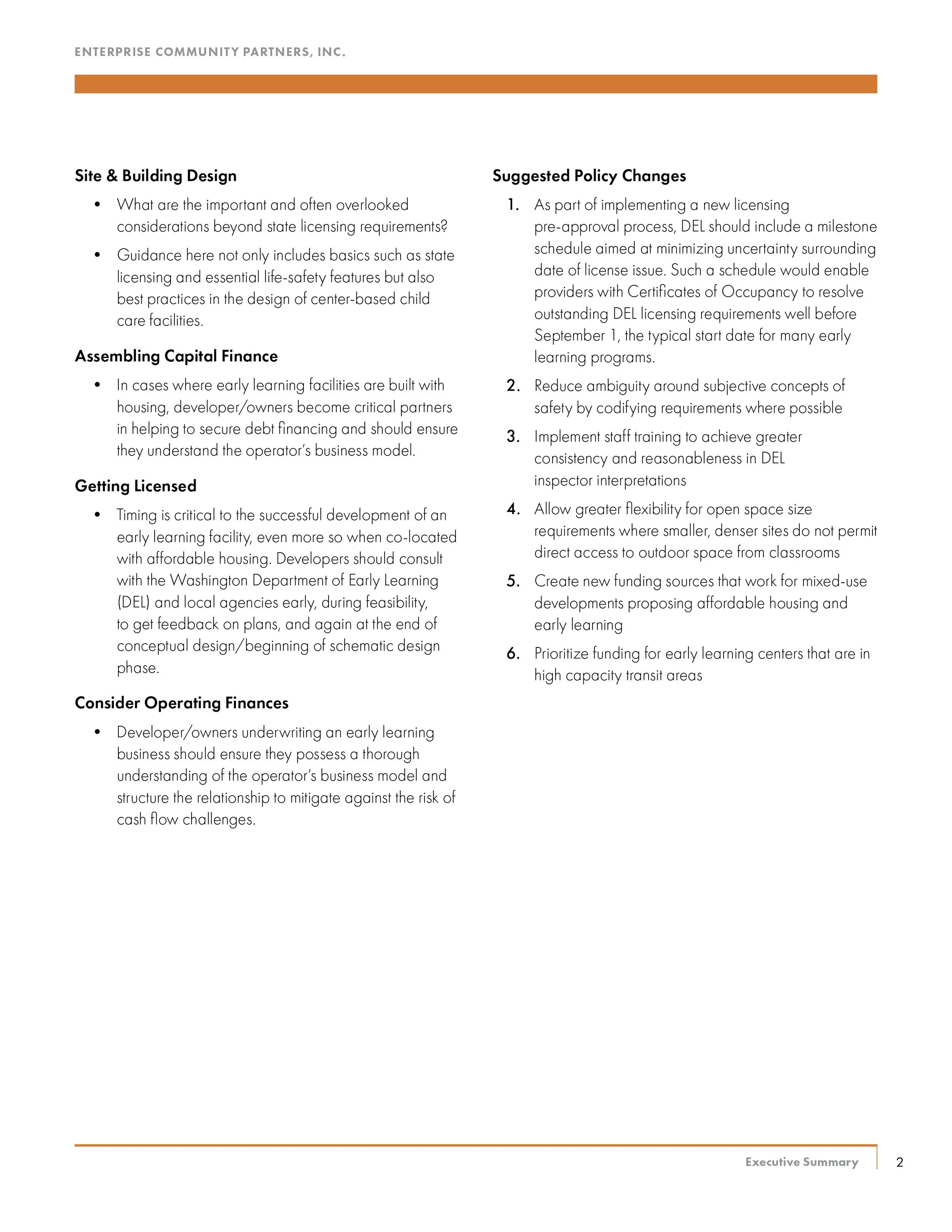 Text document from Enterprise Community Partners, Inc. with sections on Site & Building Design, Assembling Capital Finance, Getting Licensed, and Consider Operating Finances, including bullet points and suggested policy changes.