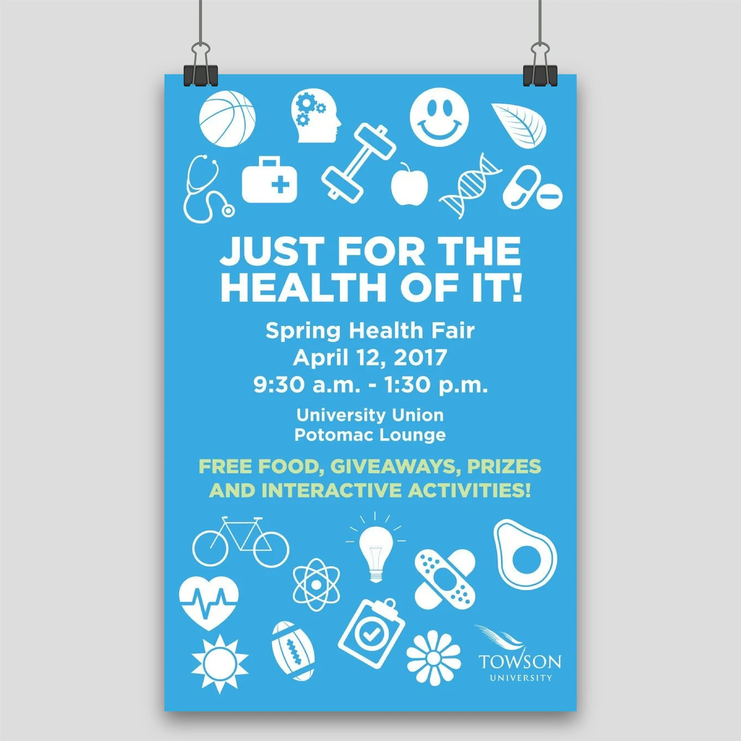 Blue Spring Health Fair poster with icons of sports, health, and wellness, including a basketball, stethoscope, DNA strand, smiley face, apple, and bicycle. Details include date, time, location, and promotion for free food, giveaways, prizes, and act