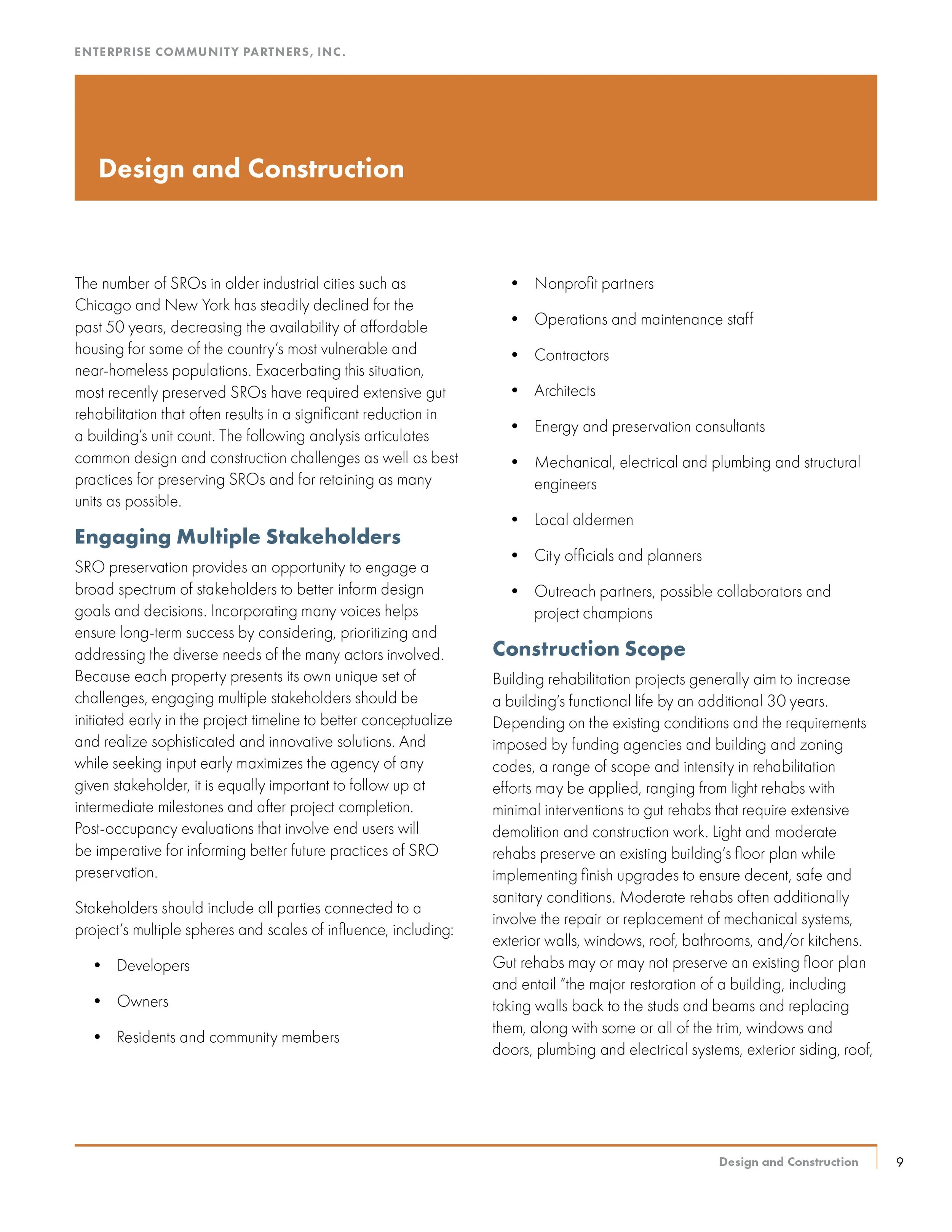 A page from a document titled 'Design and Construction' discussing strategies for preserving sustainable rehabilitation of old buildings, stakeholder engagement, and the scope of construction projects, with bullet points listing key stakeholders and 