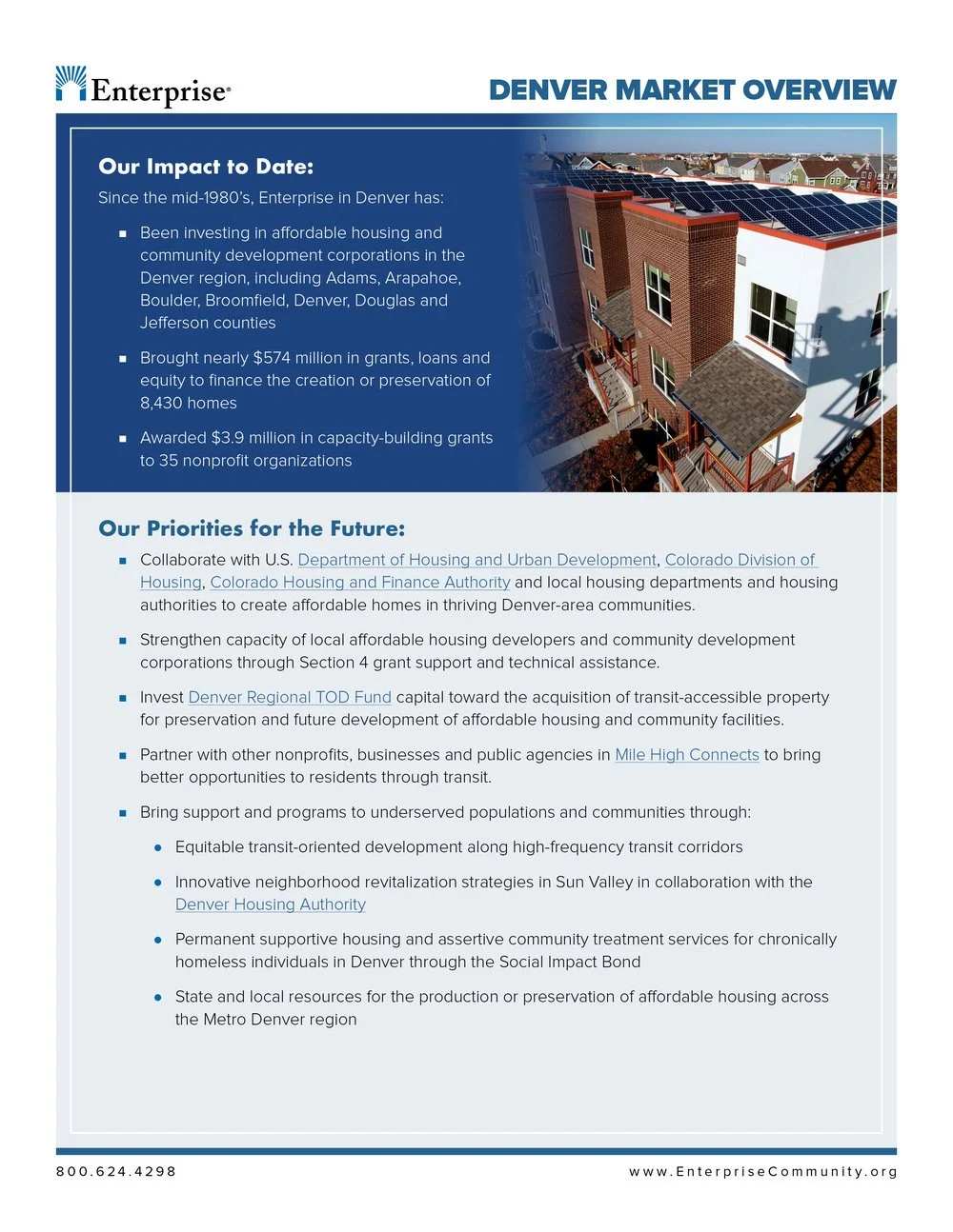 A Denver Market Overview document from Enterprise, featuring a photo of a modern residential building with solar panels on the roof.