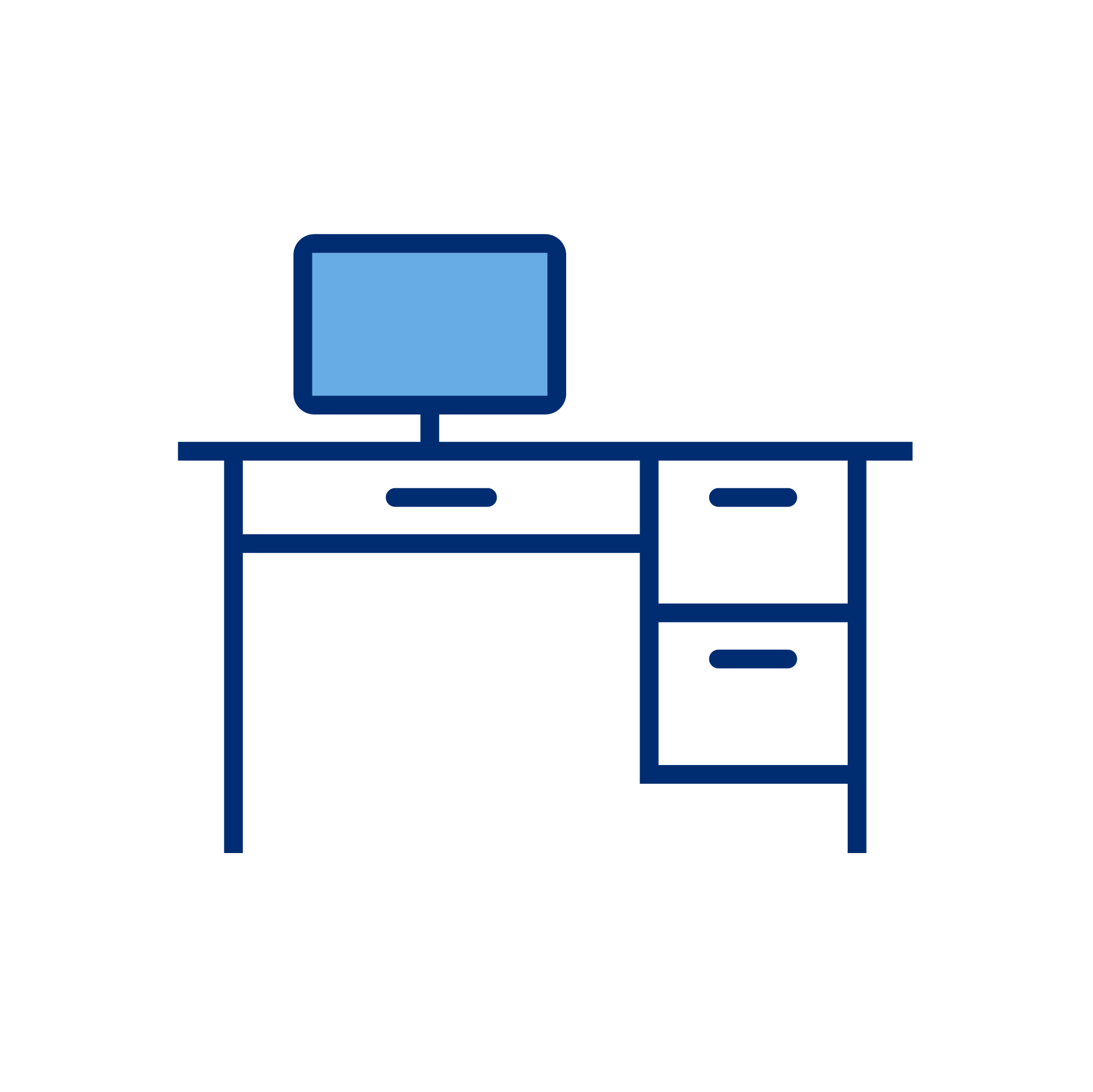 Outline illustration of a computer on a desk with drawers