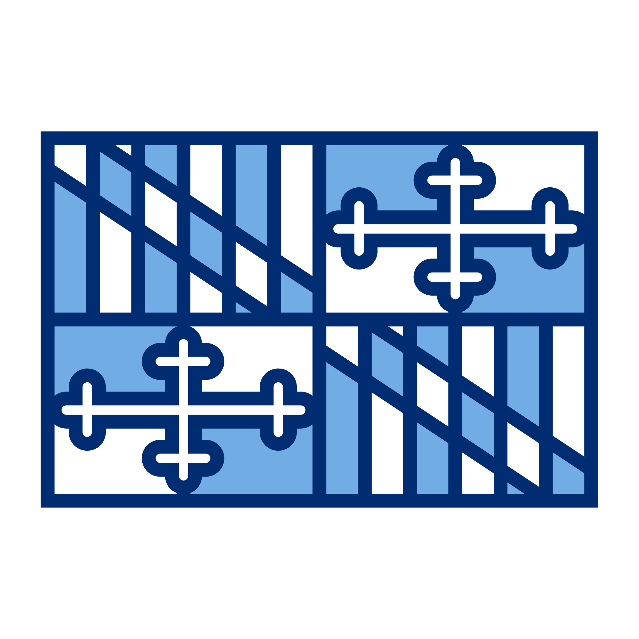 Illustration of a decorative wrought iron fence with geometric and floral patterns in shades of blue.