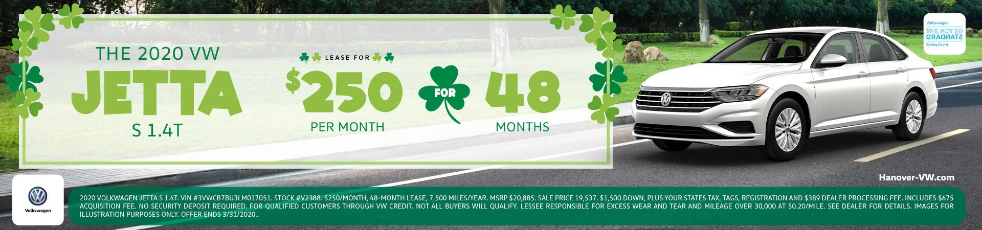 Volkswagen Jetta 2020 for lease, $250 per month for 48 months, with a background of a green park and a silver sedan.