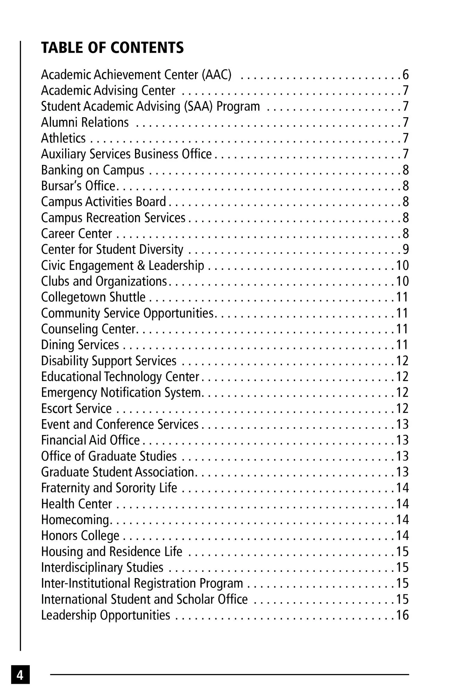Table of contents from a document listing various campus organizations and services with corresponding page numbers.
