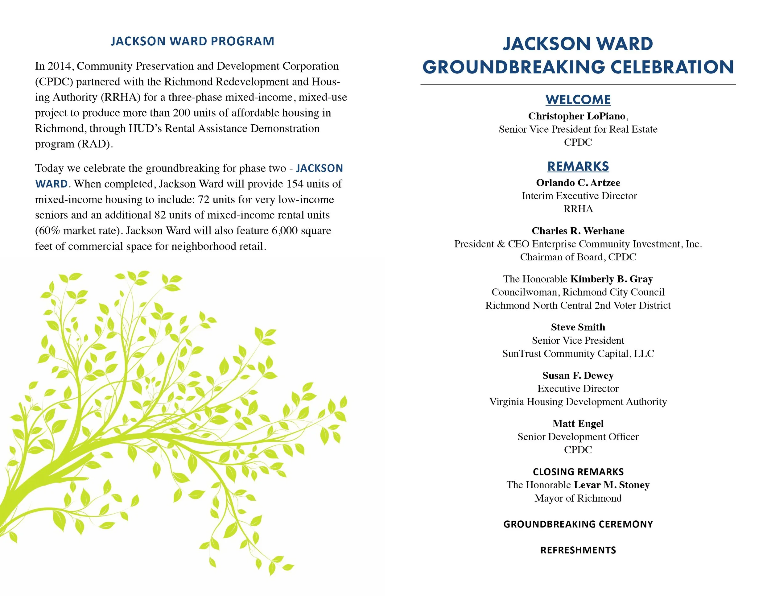 Program flyer for Jackson Ward groundbreaking celebration with event details and list of speakers.