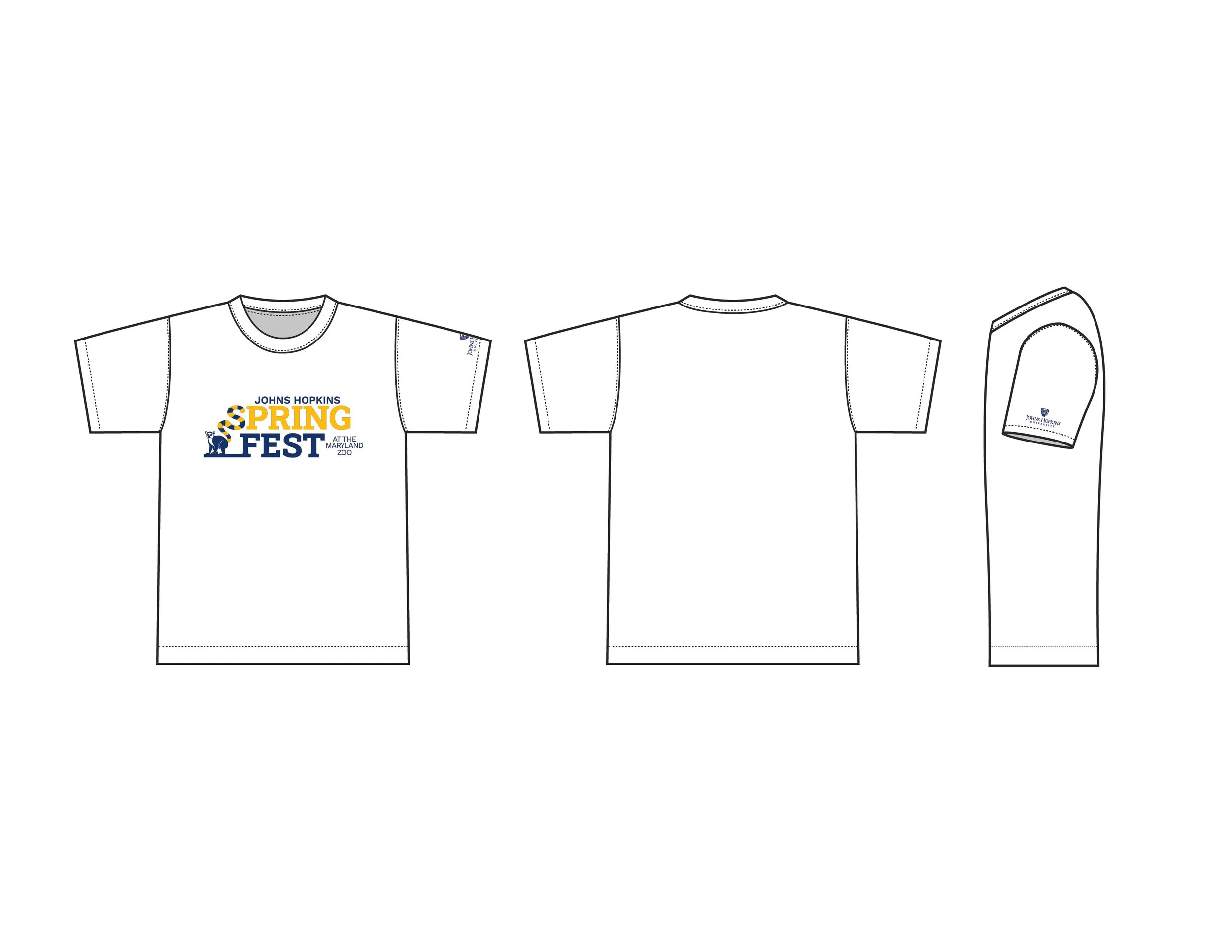 Designs of a white T-shirt featuring a colorful logo for the Johns Hopkins Spring Fest at the Maryland Zoo, shown from front, back, and sleeve views.