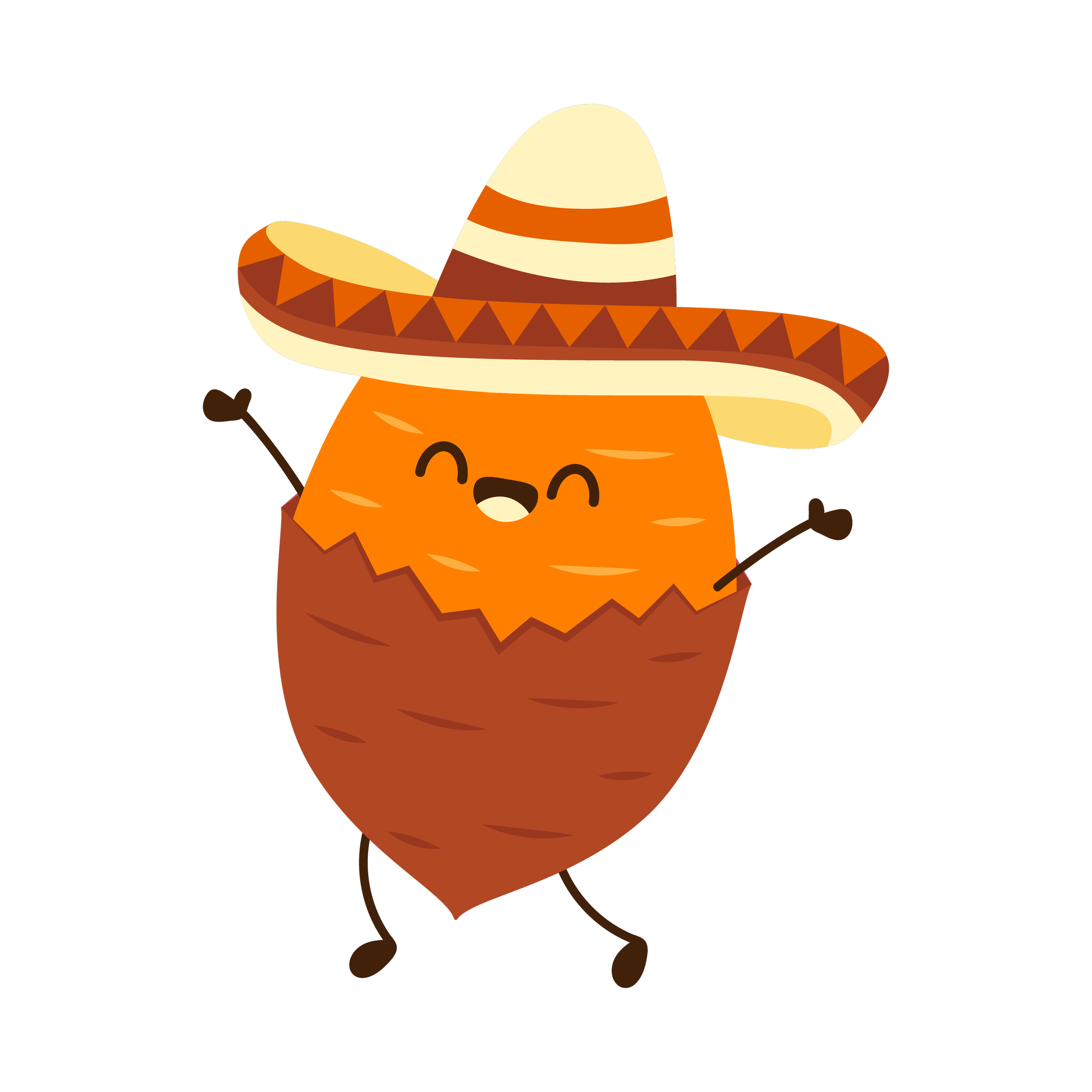 Cartoon carrot character wearing a sombrero hat, smiling, with arms raised and standing on one leg against a black background.