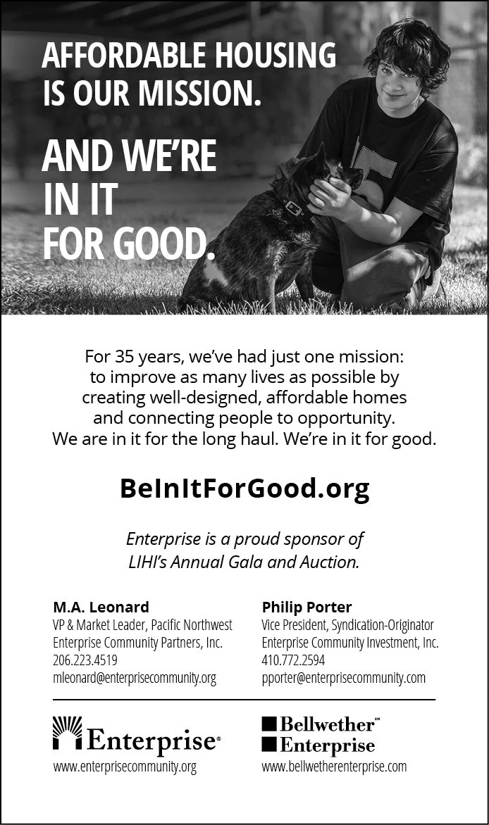 A black-and-white promotional flyer for BelInItForGood.org showing a young person with curly hair petting a dog. Text highlights affordable housing and the organization's mission.