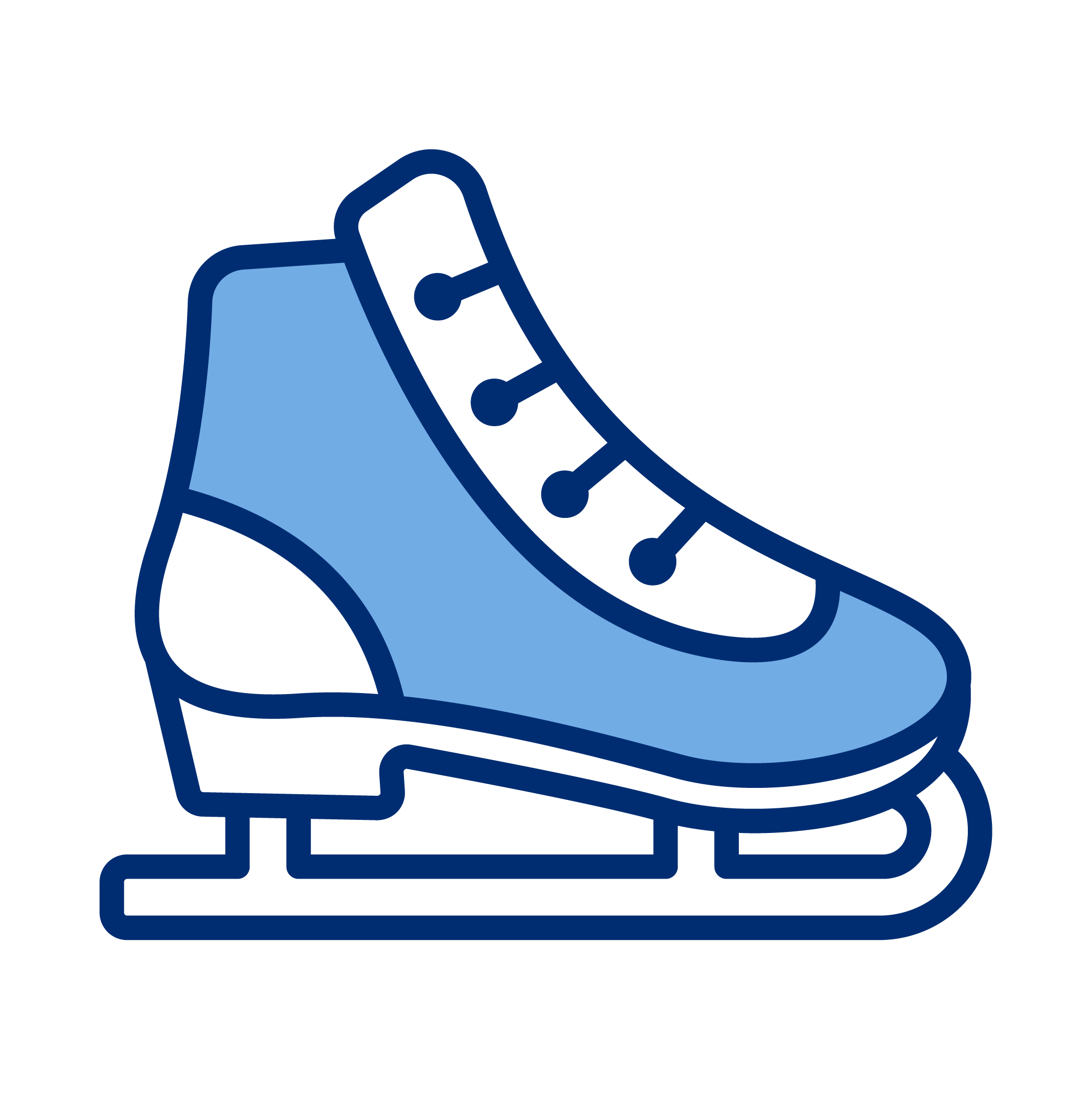 Simplified illustration of an ice skate in shades of blue with dark outline.