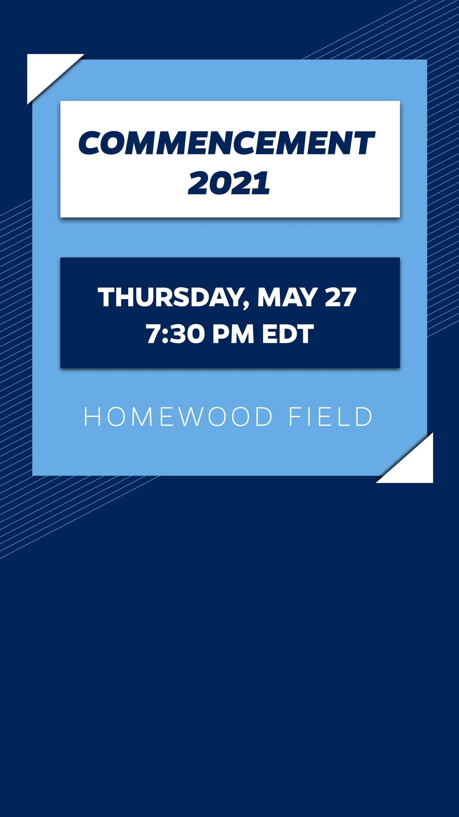 Digital invitation for a graduation commencement event featuring the date, time, and location, with a blue and white color scheme.