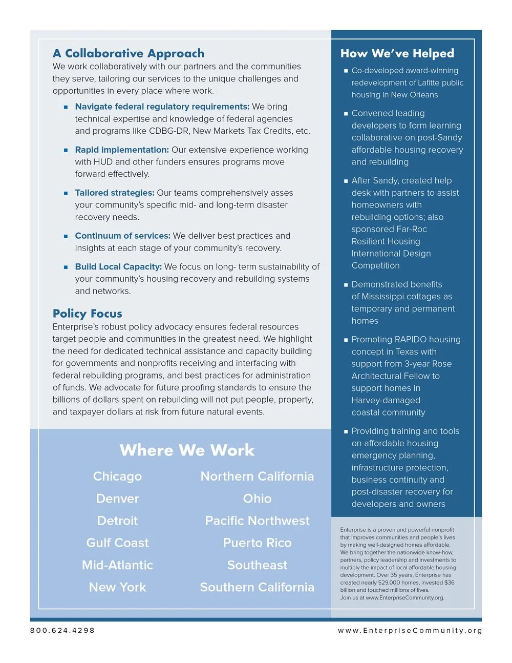 A detailed information sheet describing a collaborative approach to housing recovery, its strategies, services, policy focus, and regions where it works, including Chicago, Denver, Detroit, Gulf Coast, Mid-Atlantic, New York, Northern California, Ohi