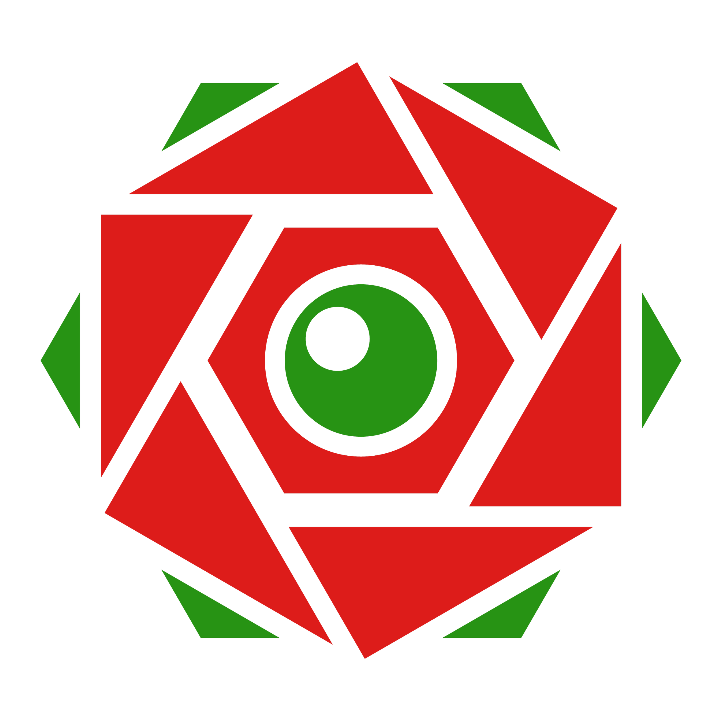 Geometric abstract pattern with a central green circle, red and green triangles, and black lines.