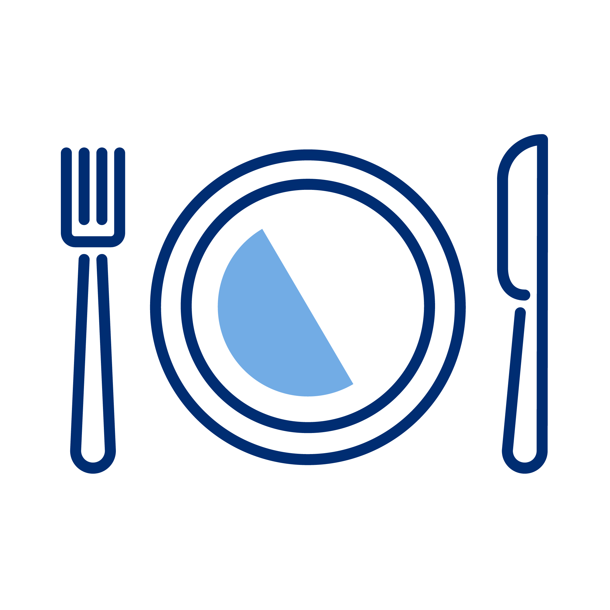 Outline of a table setting with a fork on the left, a plate in the center with a blue wedge-shaped food, and a knife on the right.