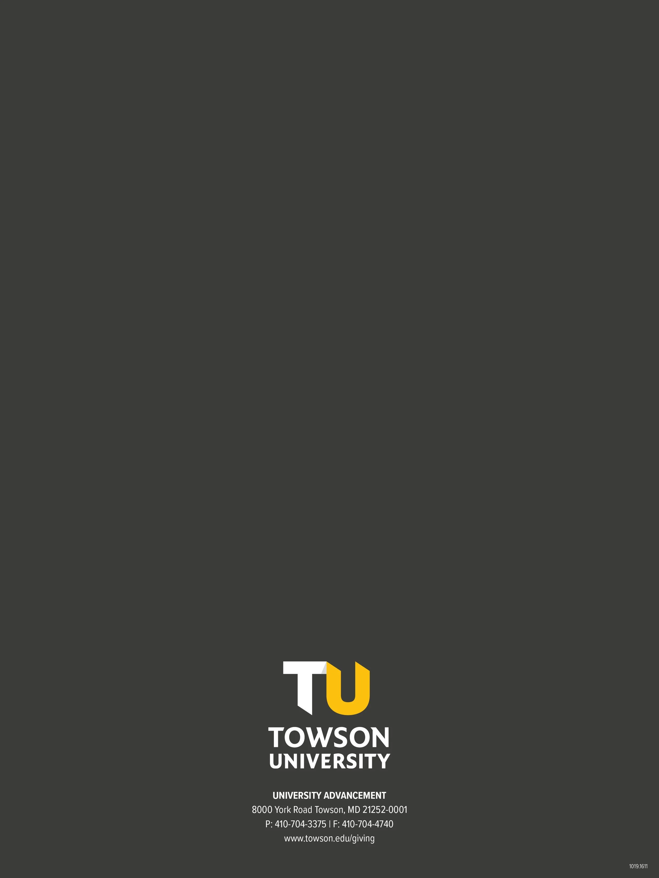 Towson University logo with contact information at the bottom of a dark gray background.