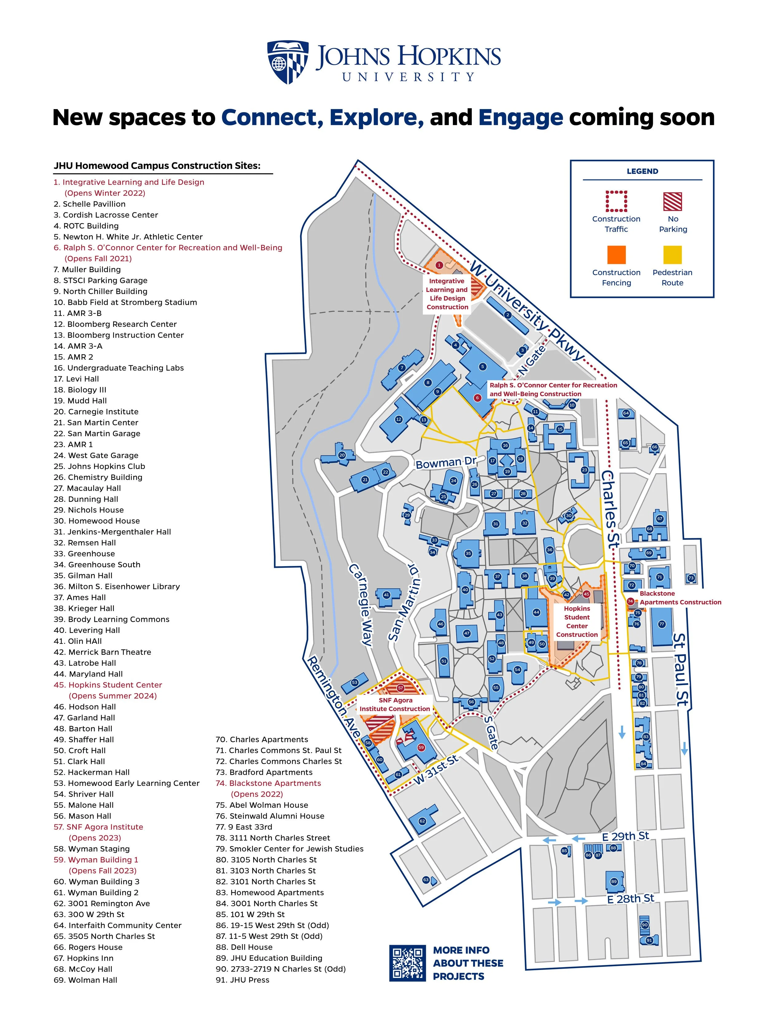 Map of Johns Hopkins University campus showing construction sites and key buildings.