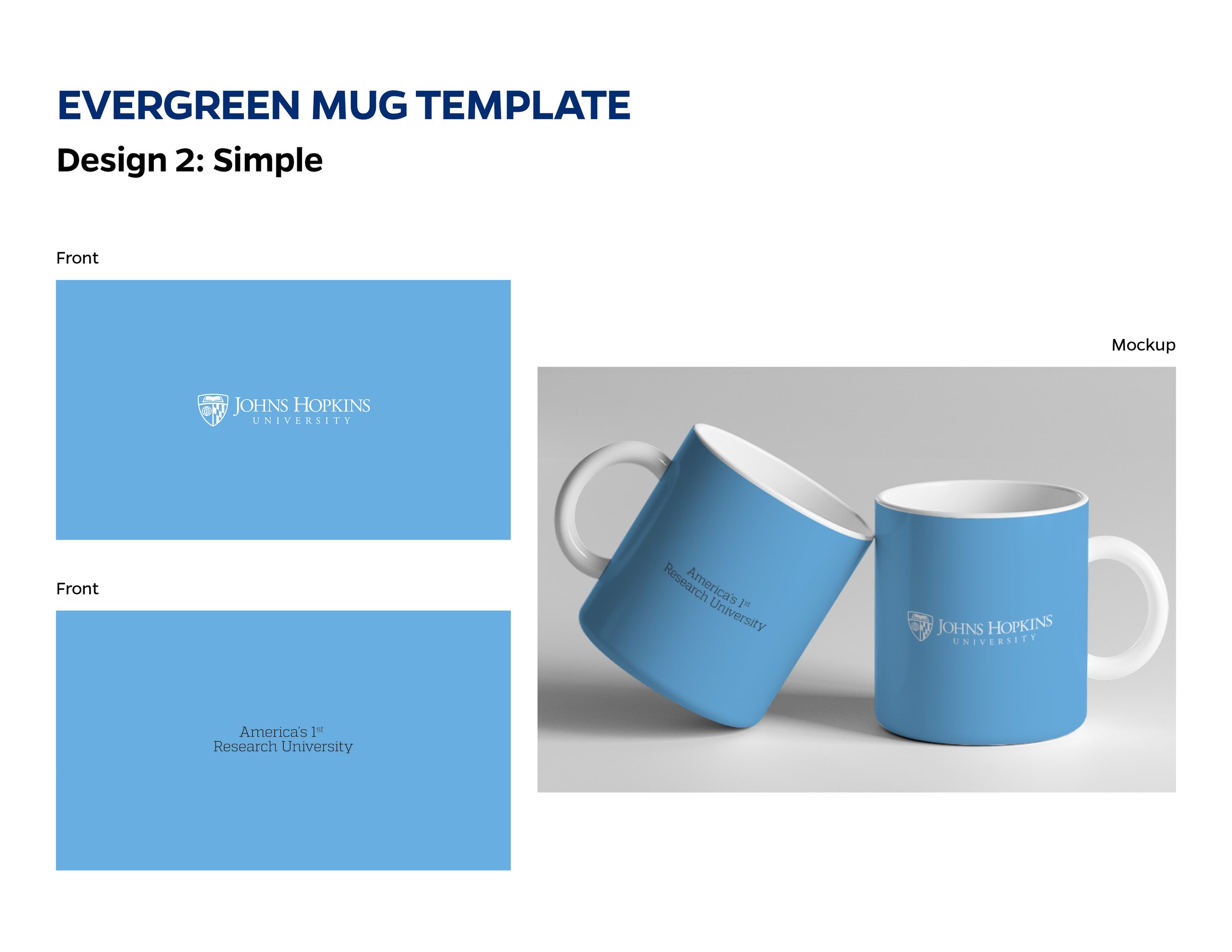 Template for a blue university-themed mug with the Johns Hopkins University logo and the text "America's 1st Research University" on one side, and a mockup of two mugs showing the logo and text on a gray background.