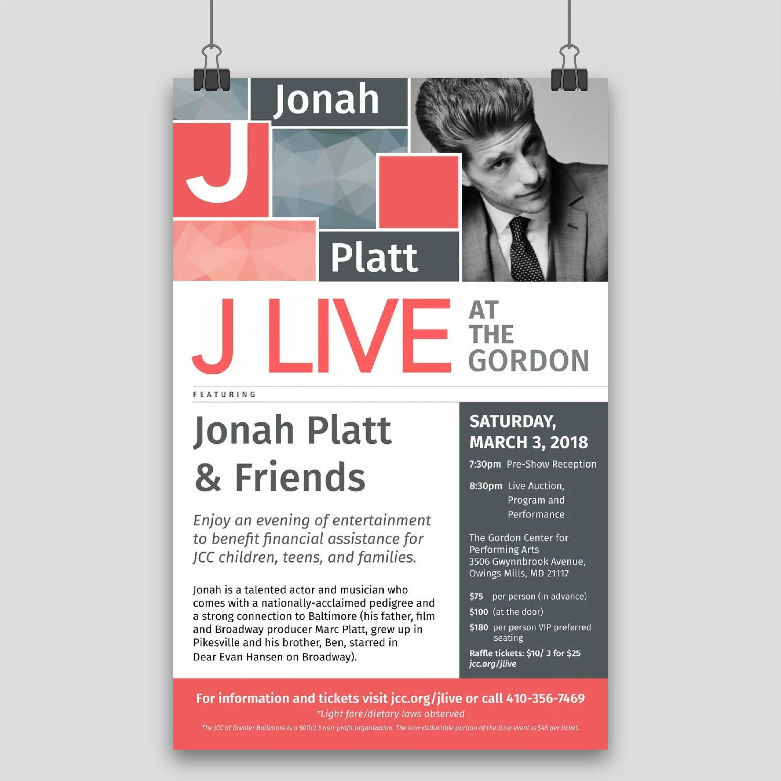 Event poster for J Live at The Gordon on March 3, 2018, featuring Jonah Platt & Friends with details of the schedule, ticket prices, and contact information.