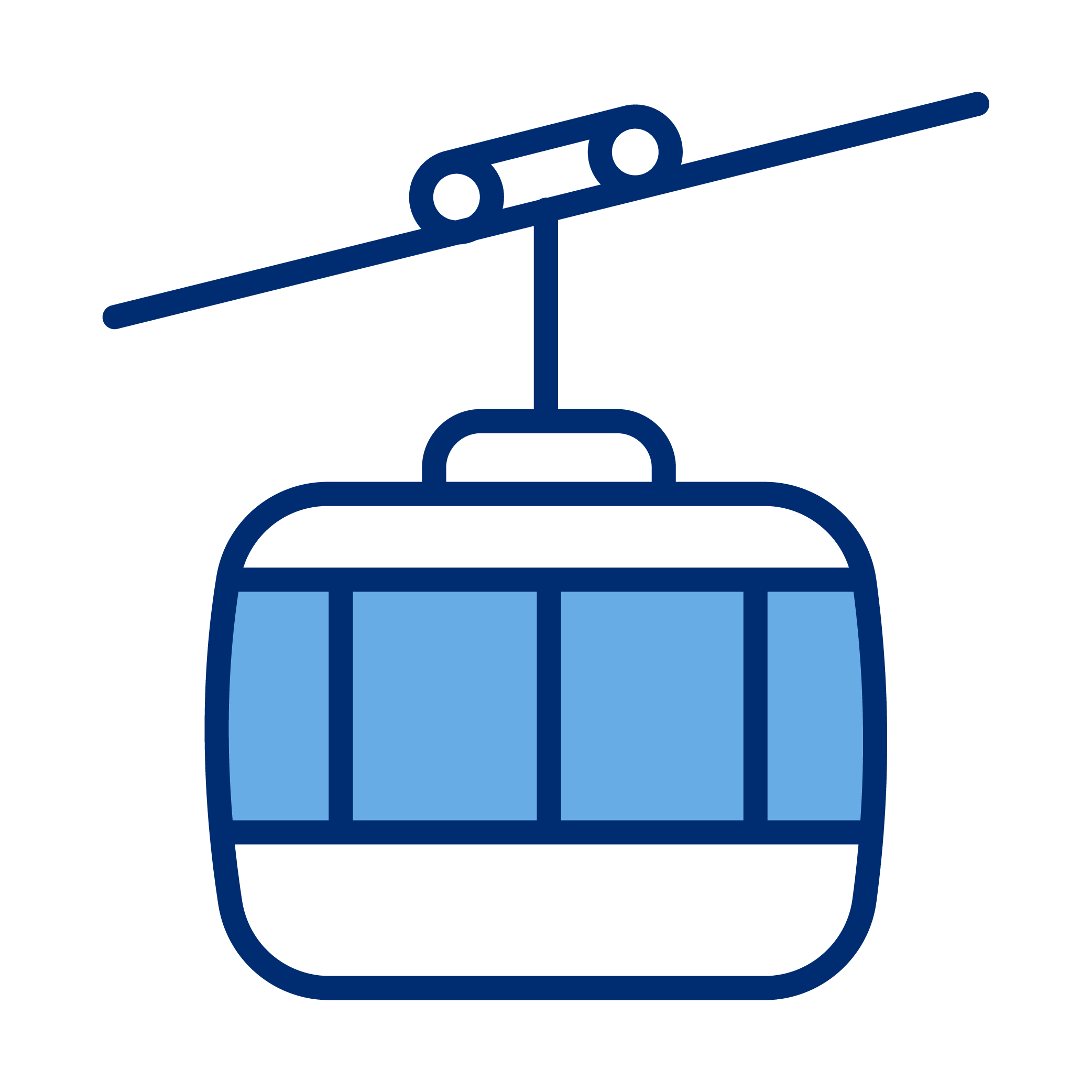 Icon of a cable car or gondola with a cable and windows, used for transportation up a mountain or ski resort.