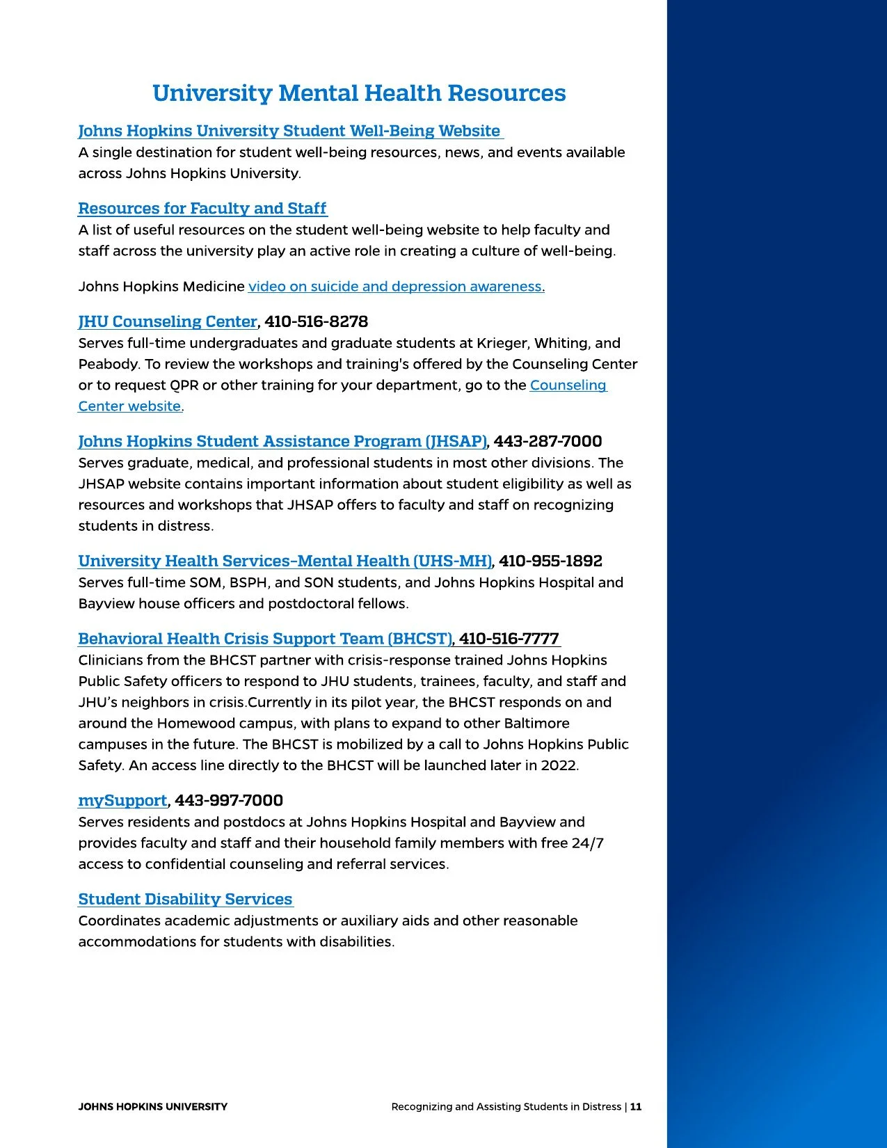 List of mental health resources for Johns Hopkins University students, staff, and faculty, including contact information and descriptions of services such as counseling, student assistance, and crisis support.