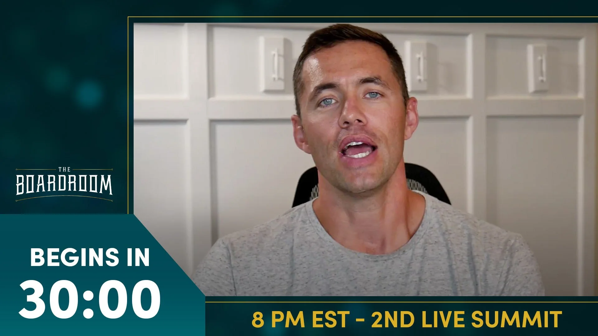 A man speaking during a live online event with text overlay indicating a countdown and event details, including 'Begins in 30:00', '8 PM EST', and '2nd Live Summit'.