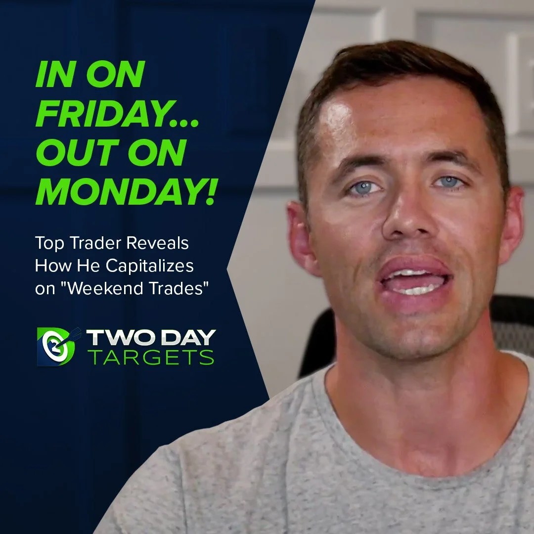 A man with short dark hair and blue eyes speaking, with a graphic overlay that says, 'In on Friday... Out on Monday! Top trader reveals how he capitalizes on 'Weekend Trades' - Two Day Targets.'