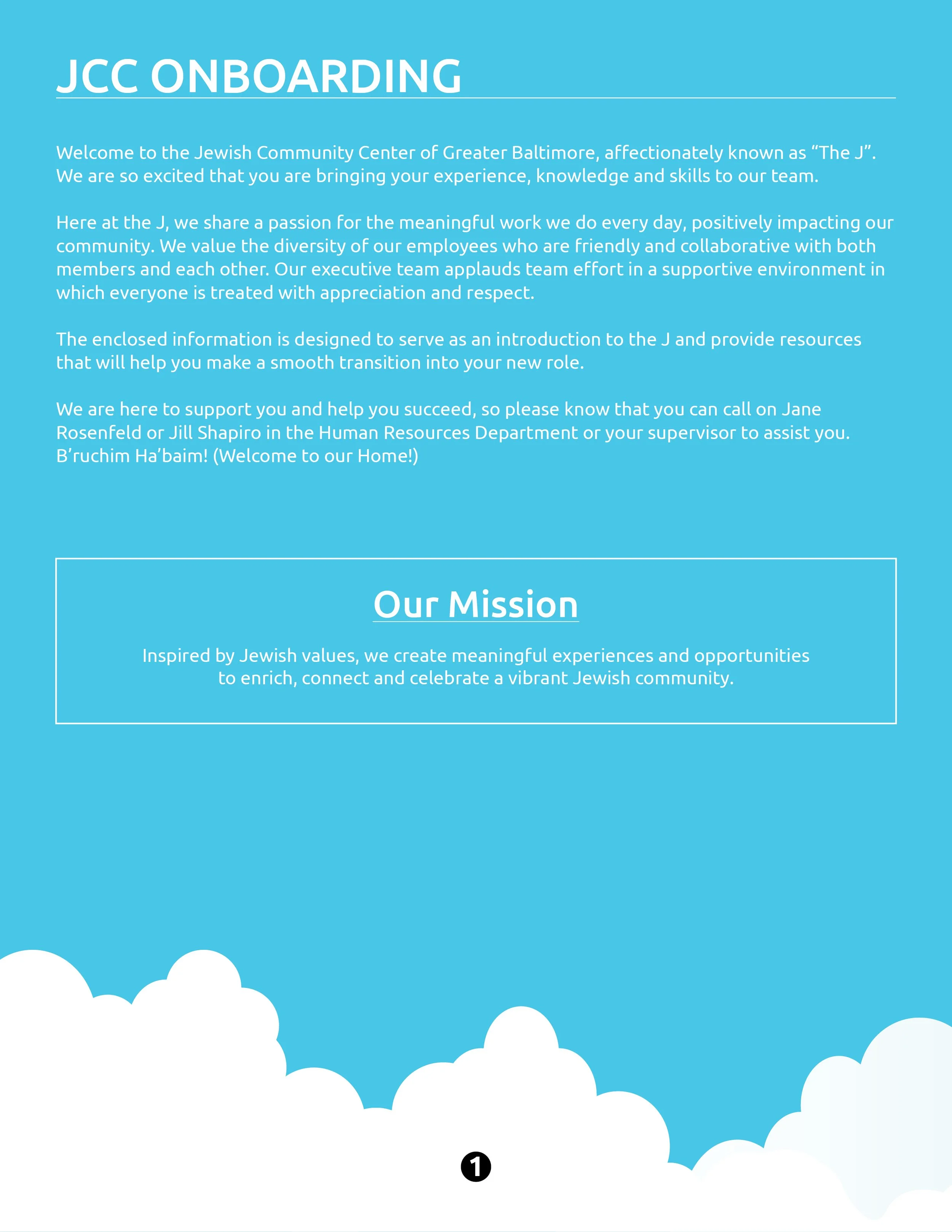 A page from a welcome brochure for the Jewish Community Center of Greater Baltimore, titled 'JCC ONBOARDING', with a blue background and white clouds at the bottom, containing introductory text and the organization's mission statement.