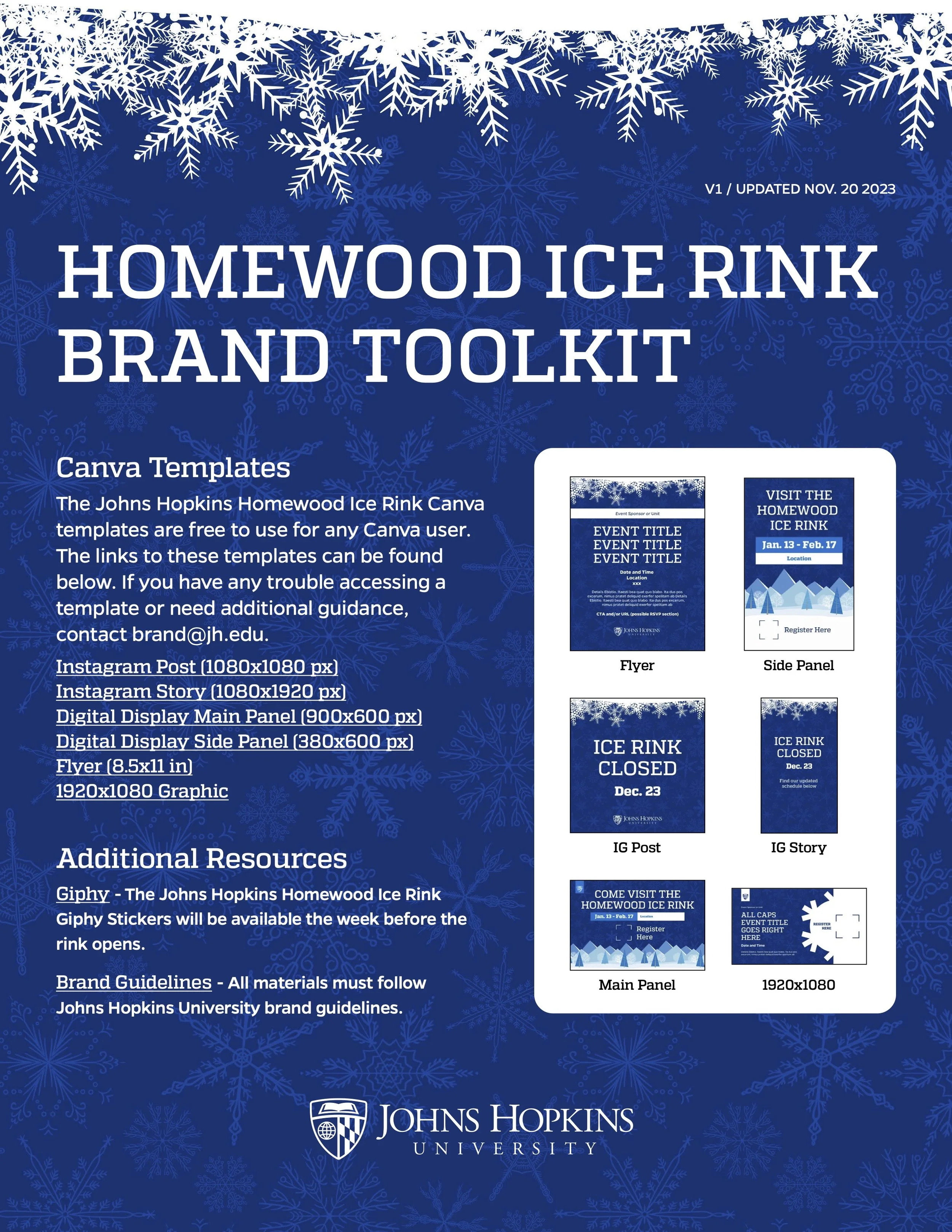 A blue flyer for the Johns Hopkins Homewood Ice Rink brand toolkit, featuring snowflake graphics, images of various promotional templates, and instructions for use.