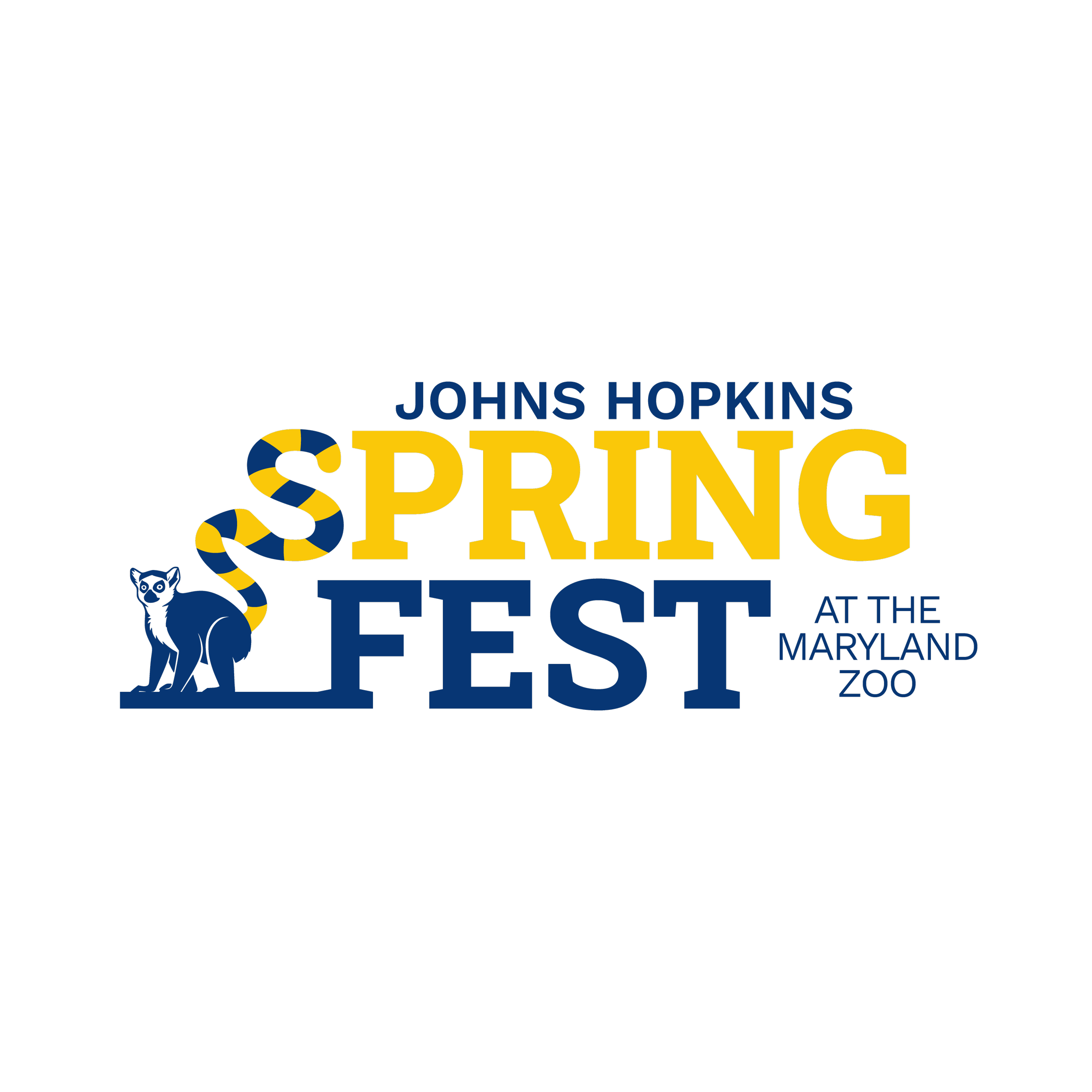 Spring Fest logo for Johns Hopkins at the Maryland Zoo, featuring a blue and yellow snake around a large yellow and blue text, with a blue animal silhouette on the left.