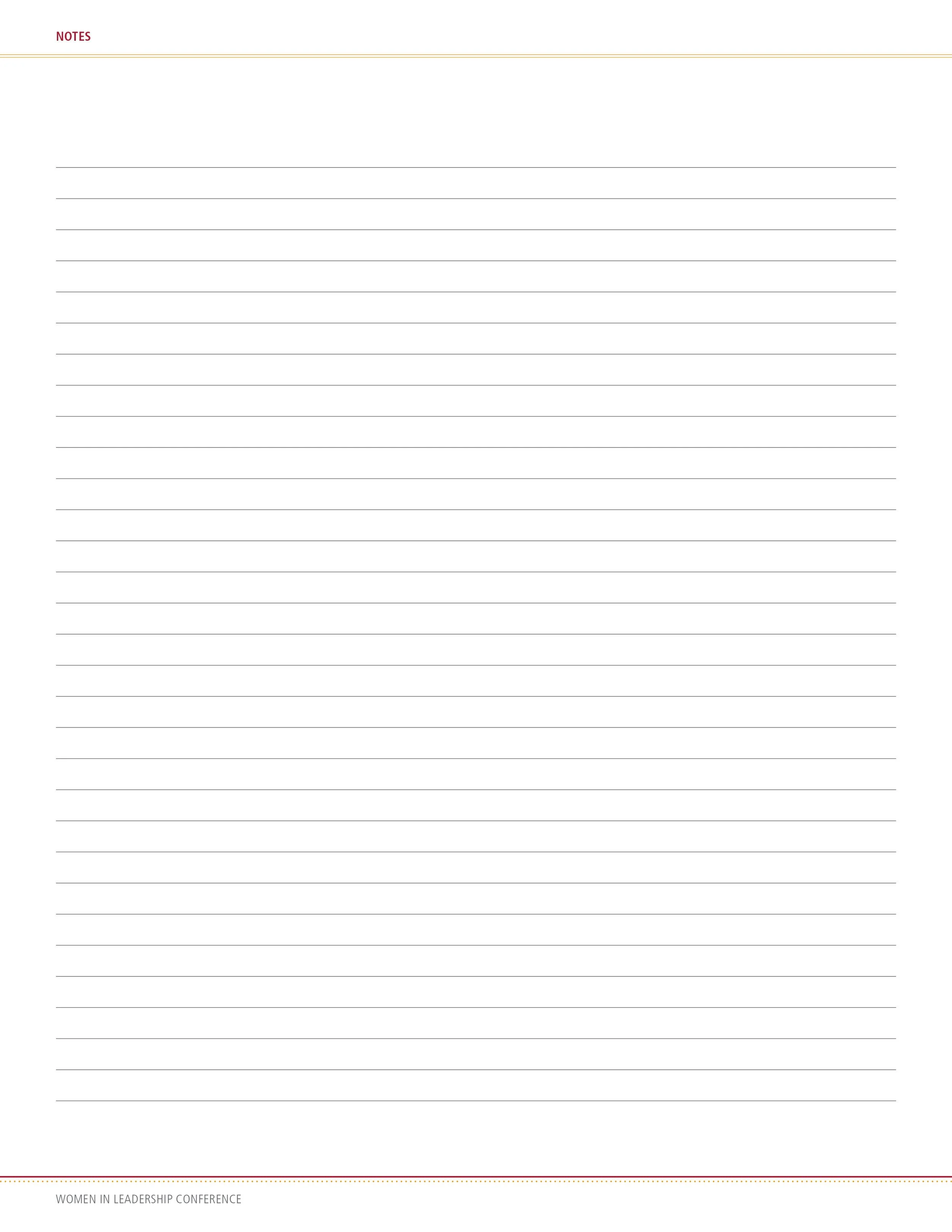 Page from a notepad with lines for notes, red 'NOTES' title at the top, and small text at the bottom that reads 'WOMEN IN LEADERSHIP CONFERENCE'.