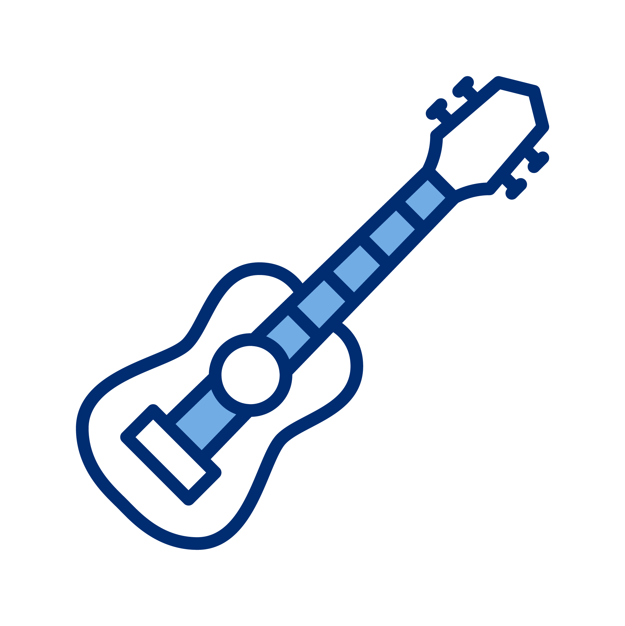 Simple digital line drawing of a guitar with a blue color scheme on a black background.