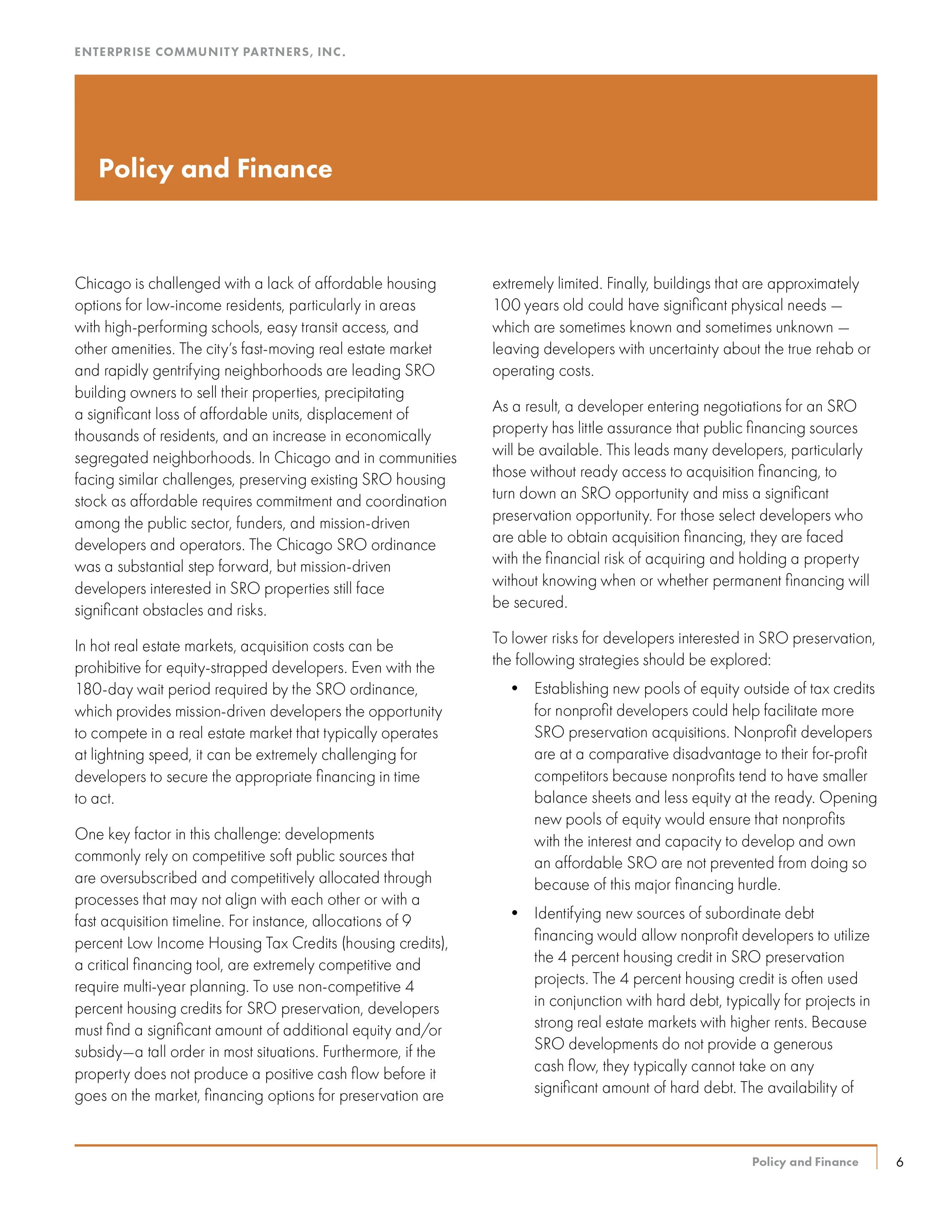 Page from a report titled 'Policy and Finance' discussing affordable housing challenges in Chicago, real estate market trends, and strategies for SRO preservation.