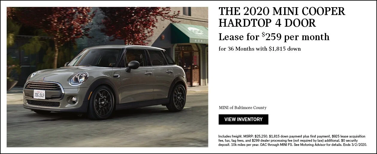 Advertisement for a 2020 Mini Cooper Hardtop 4 door with lease details and an image of the car on a city street.