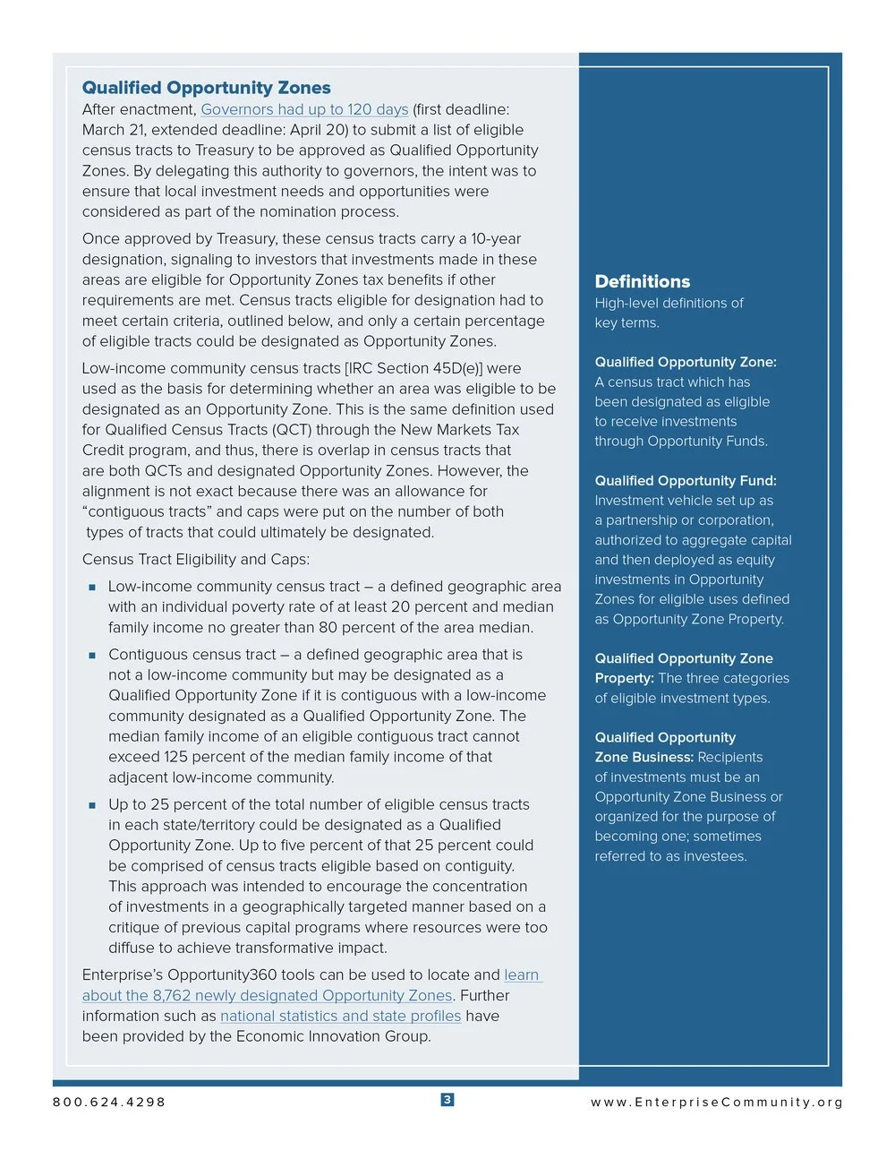 A page from a document titled 'Qualified Opportunity Zones' explaining definitions, eligibility, and criteria for Opportunity Zones and related census tracts.