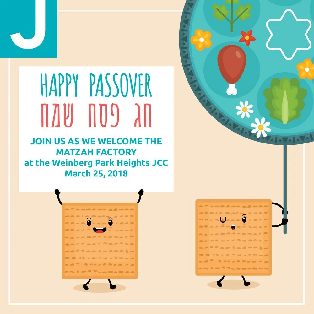 Passover celebration invitation with animated matzah characters, a plate of traditional Passover foods, and colorful flowers.