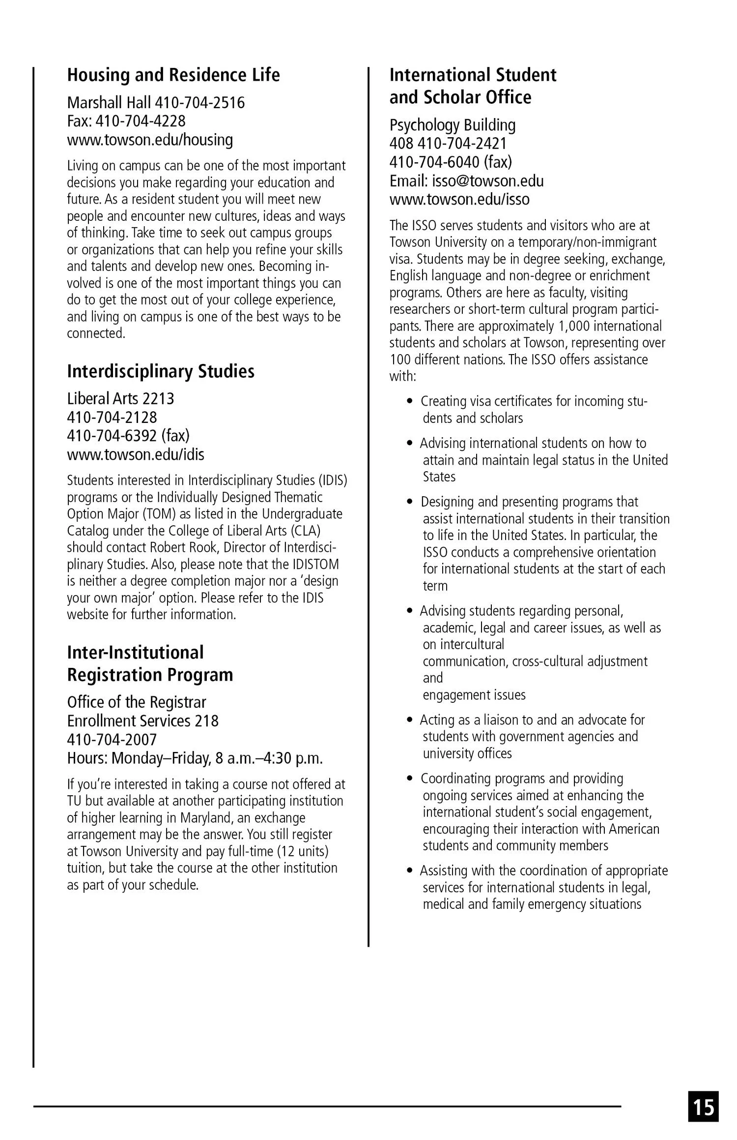 A page from a brochure or informational document about housing, interdisciplinary studies, and international student services at Towson University, including contact information and program descriptions.