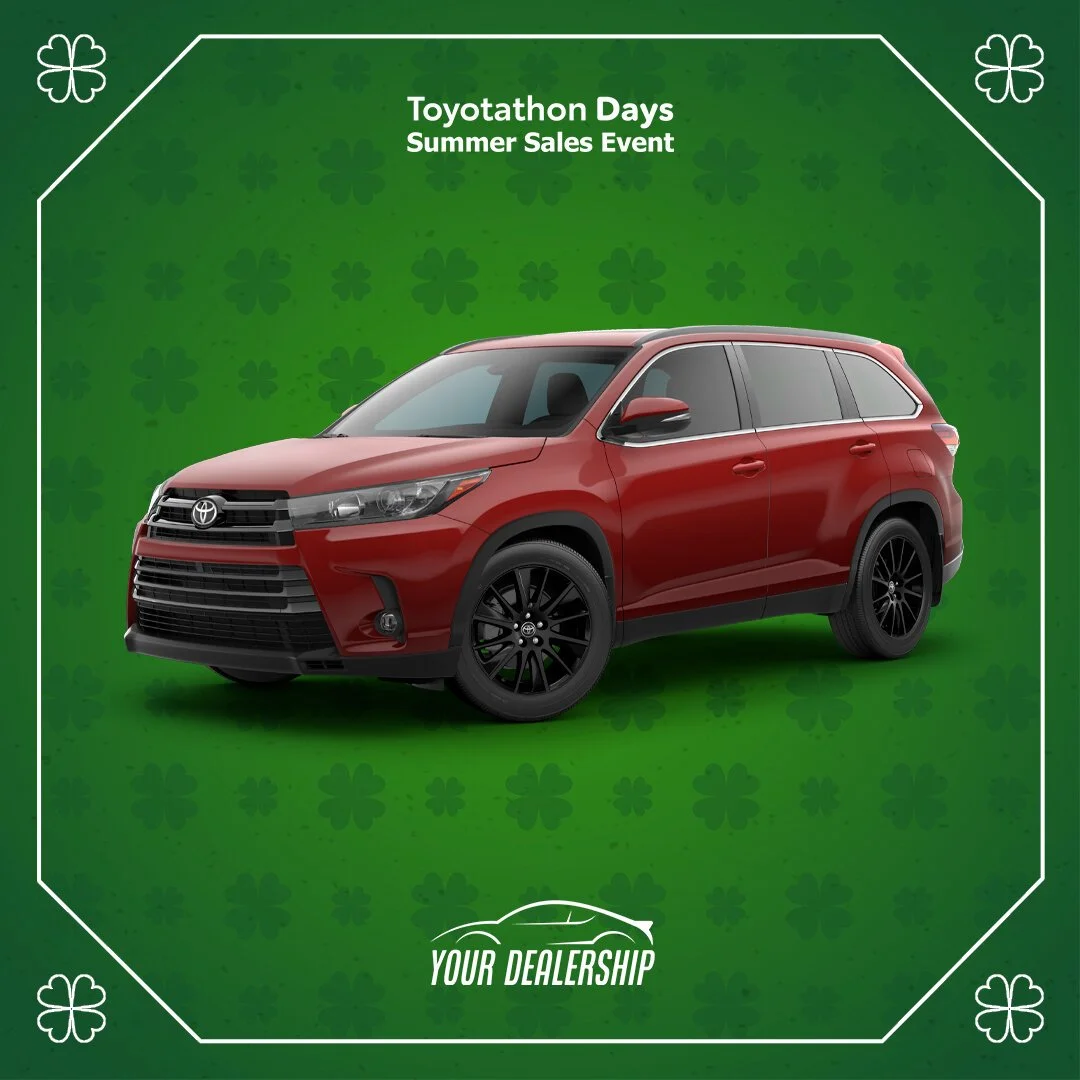 Red Toyota SUV car on a green background with shamrocks, advertising Toyotathon Days Summer Sales Event at your dealership.