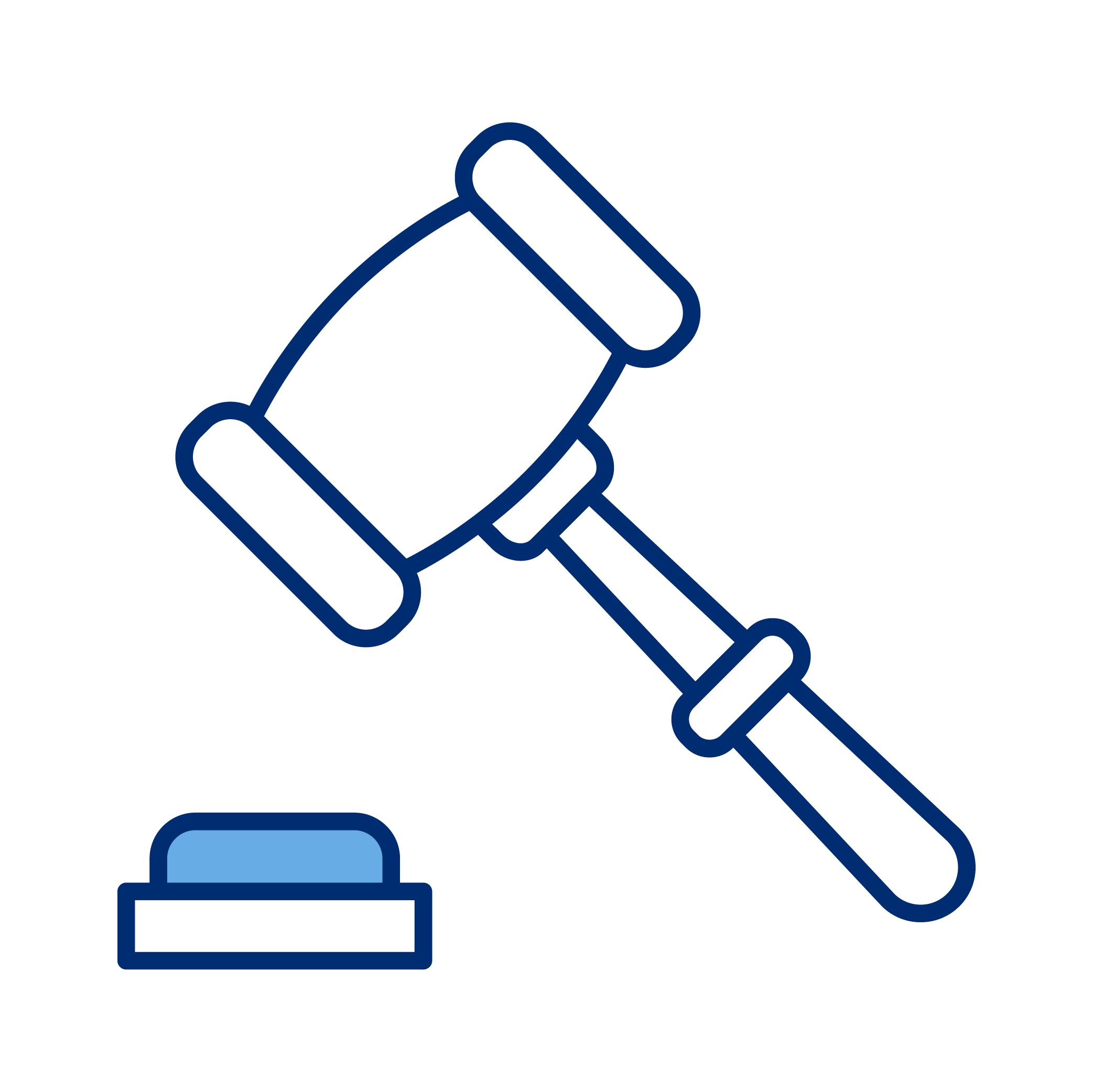 Outline drawing of a gavel hitting a block.