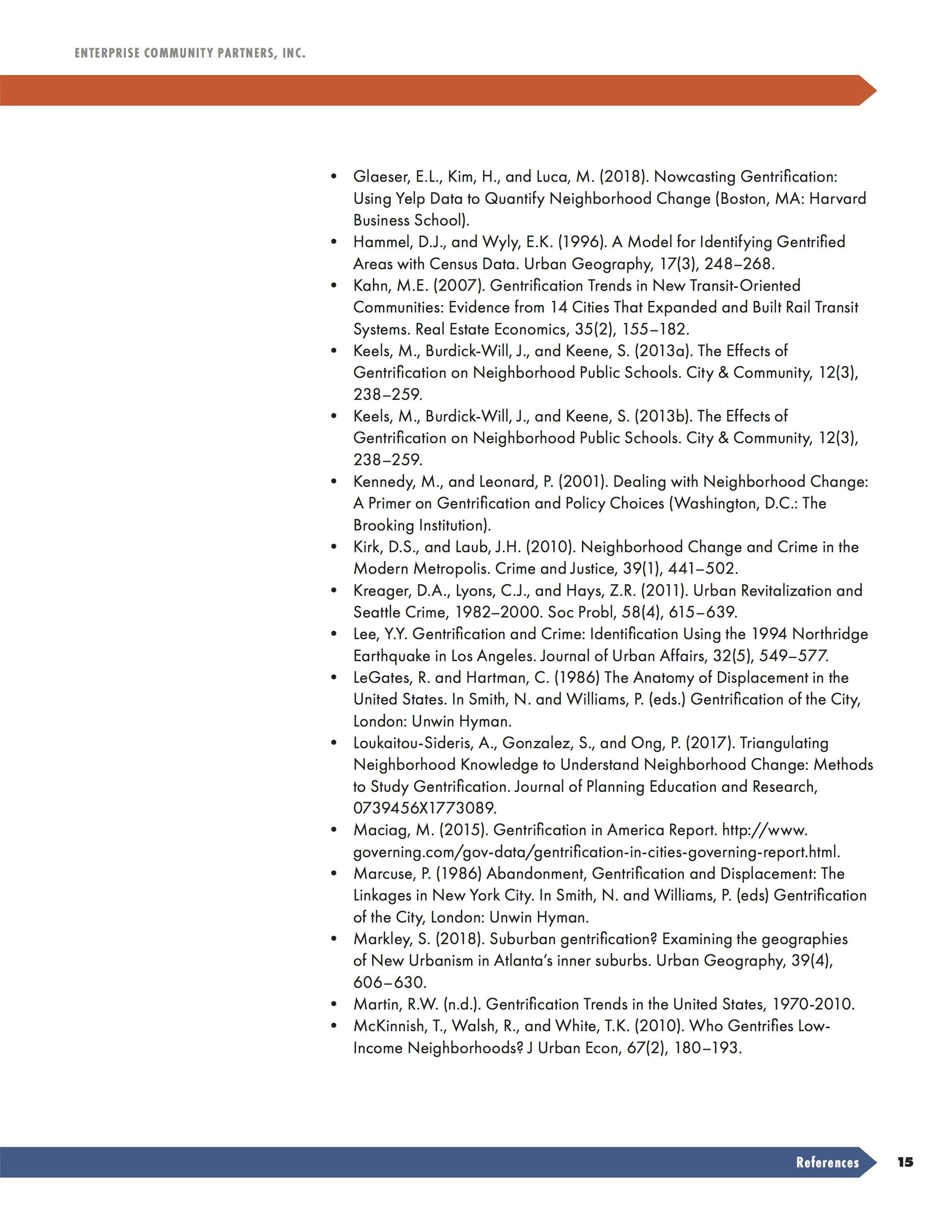 Bibliography page with references related to gentrification, neighborhood change, and urban studies, featuring authors and publication details.