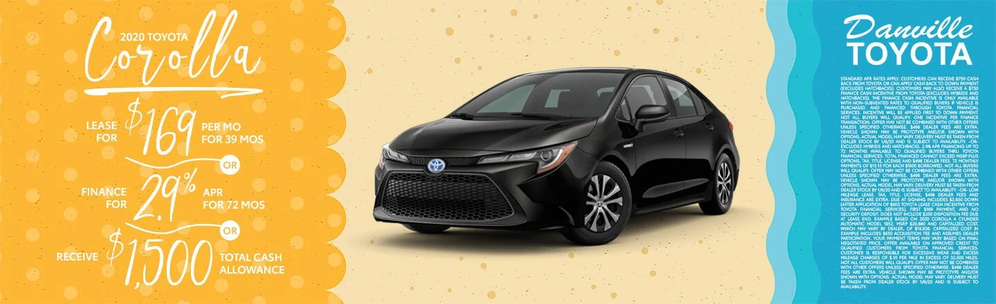 Black 2020 Toyota Corolla on a yellow and blue background with promotional details for leasing, financing, or cash purchase offers.