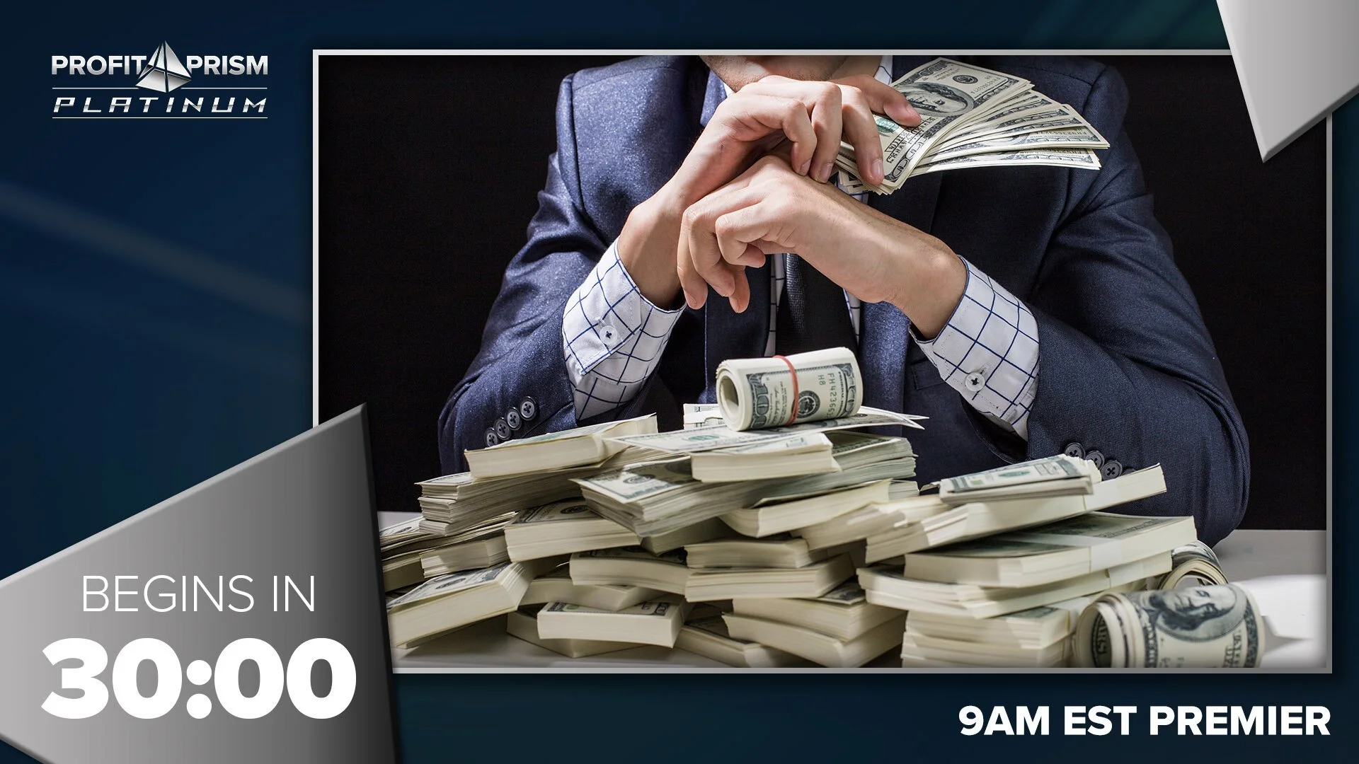 A person in a suit with a checkered shirt is sitting at a table filled with stacks of hundred-dollar bills, some rolled or fanned out, with a background of a dark scene.