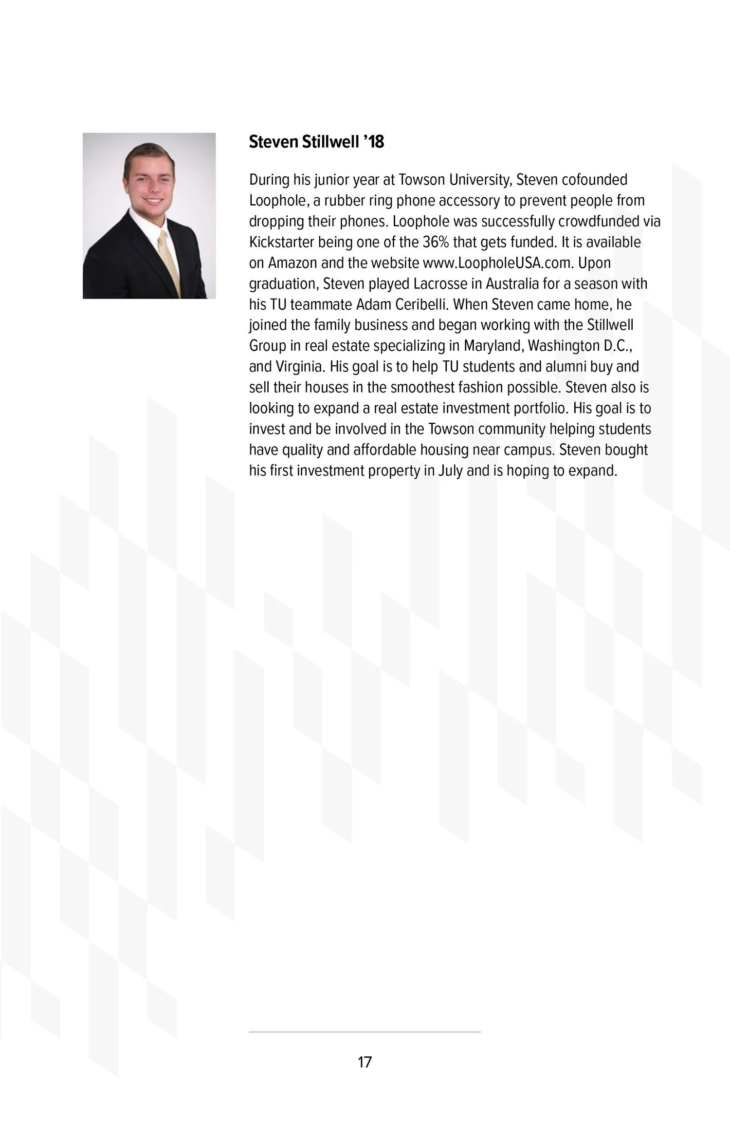 A page from a biography featuring Steven Stillwell, with a headshot and a detailed description of his activities, achievements, and goals in real estate and his university background.