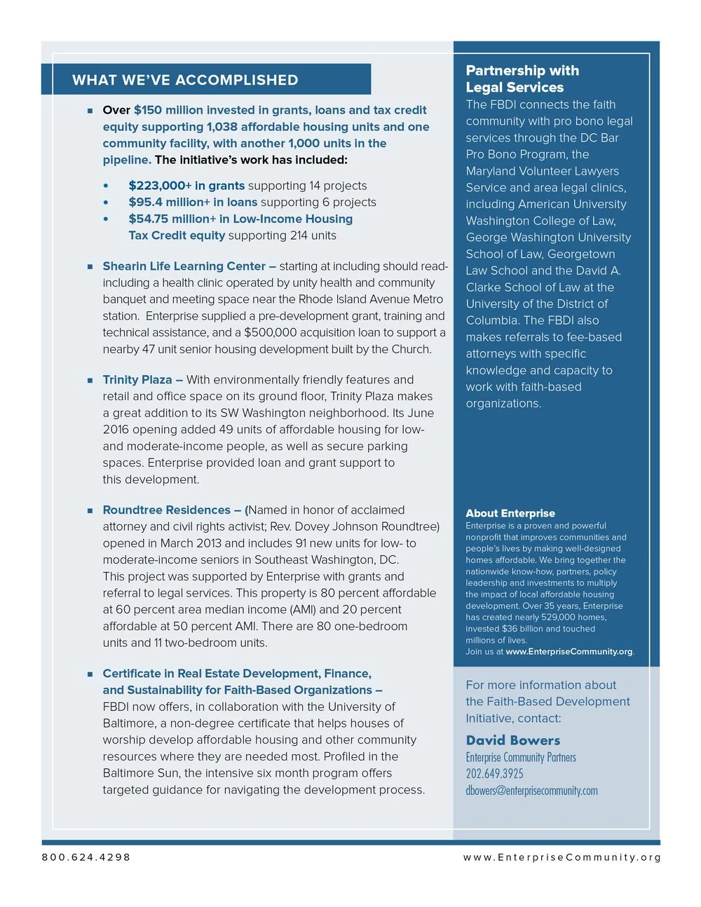 A printed report page detailing achievements and partnerships related to affordable housing projects, legal services collaborations, and community development initiatives, with sections on funding, specific housing projects, and organizations involve